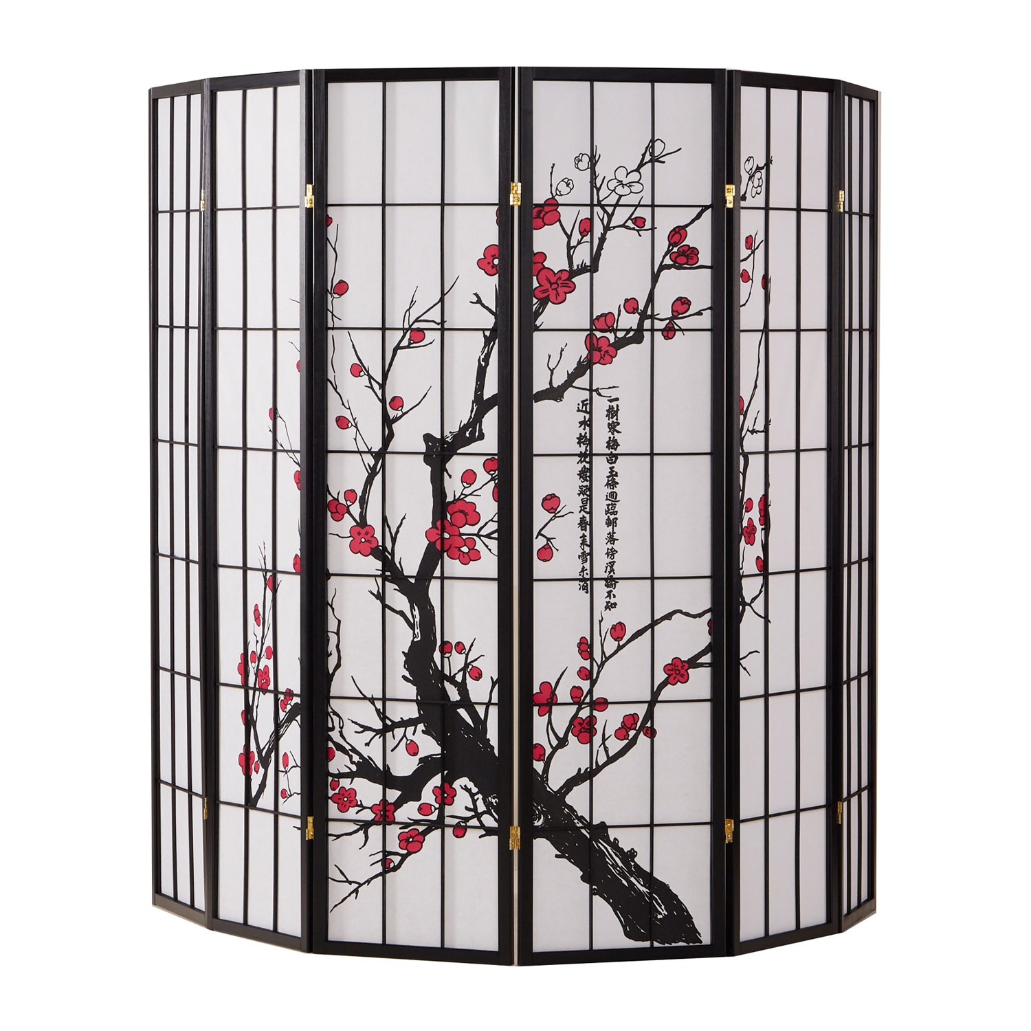 Paravent Black Cherry Pattern | Rice Paper White | 6-panel | Wood | Room Divider Partition Privacy Screen