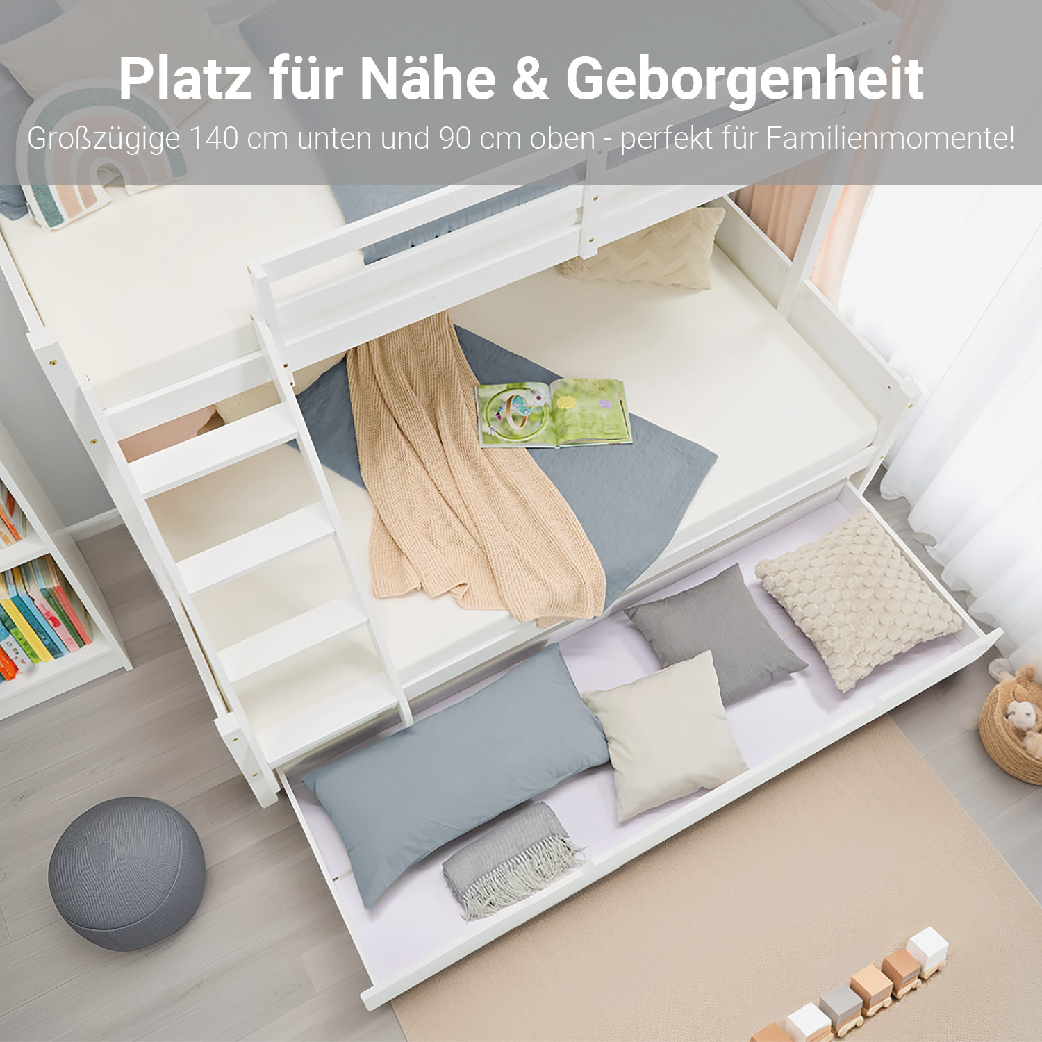 Bunk Bed 2 Sleeping Areas 90x200 cm and 140x200 cm White | with Bed Drawer | with Slatted Frame