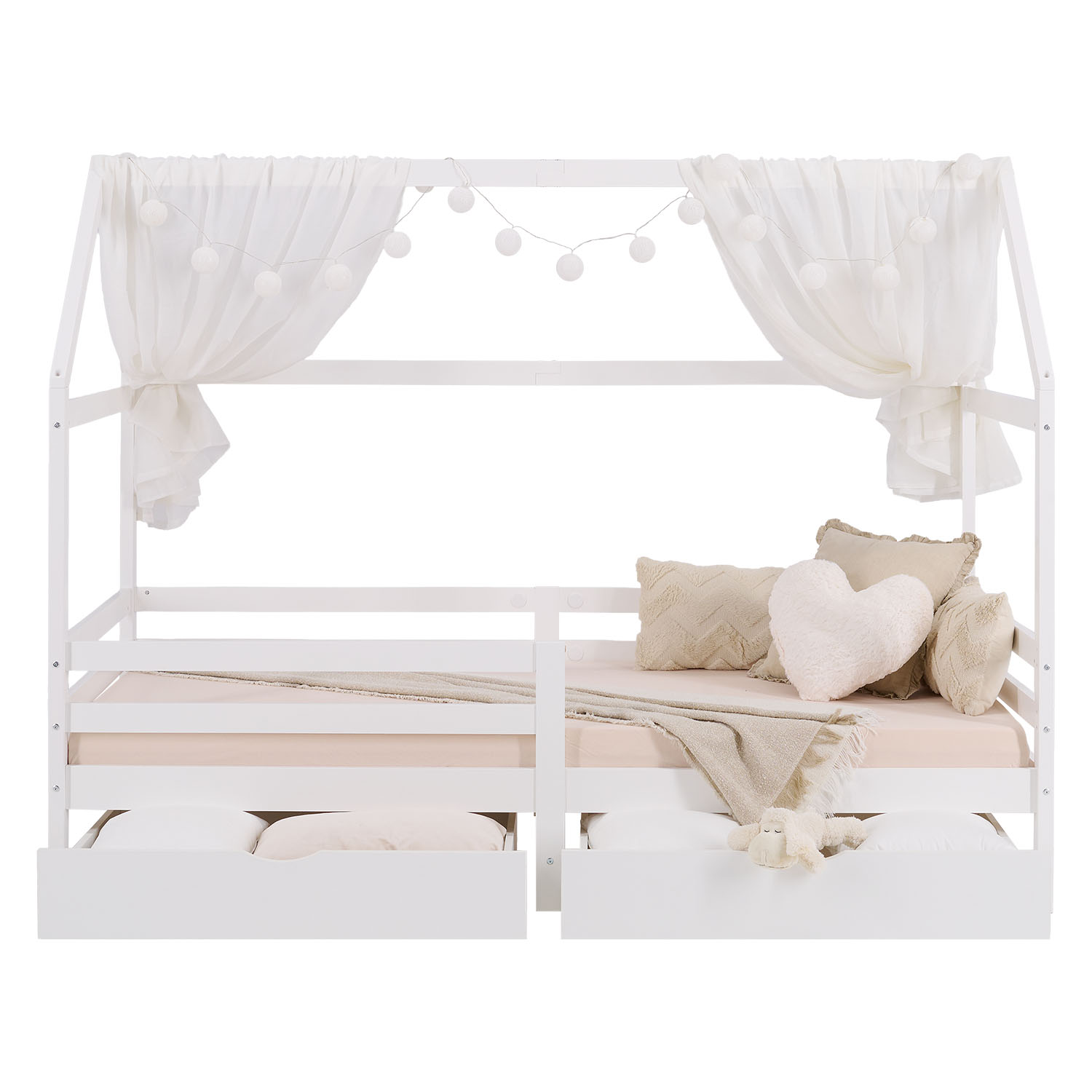 Children's Bed 90x200 cm White | House Bed with Fall Protection and Bed Drawer | Montessori | Single Bed | with Slatted Frame | Wood