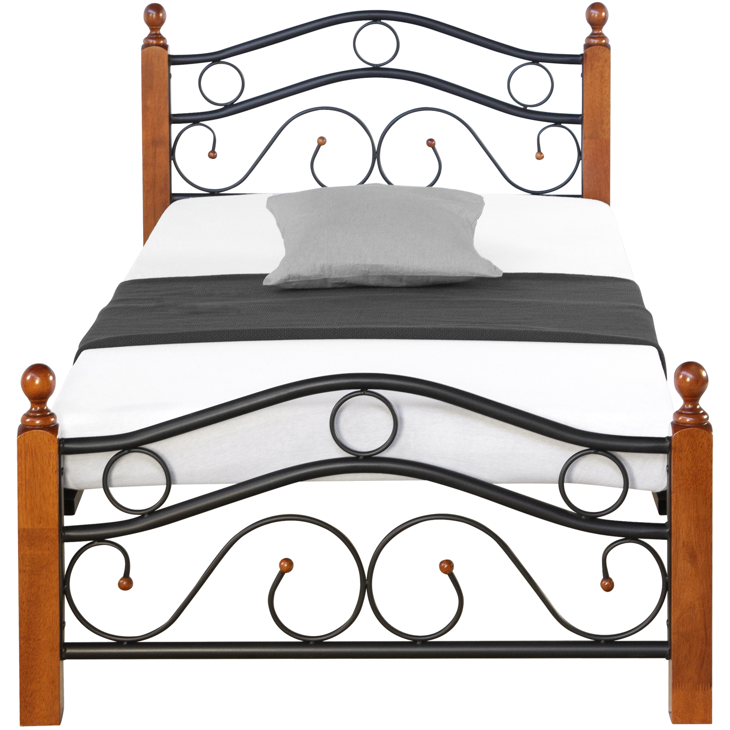 Metal Bed with Mattress Slatted Frame 90x200 cm Bedstead Black Brown Wood Single Daybed