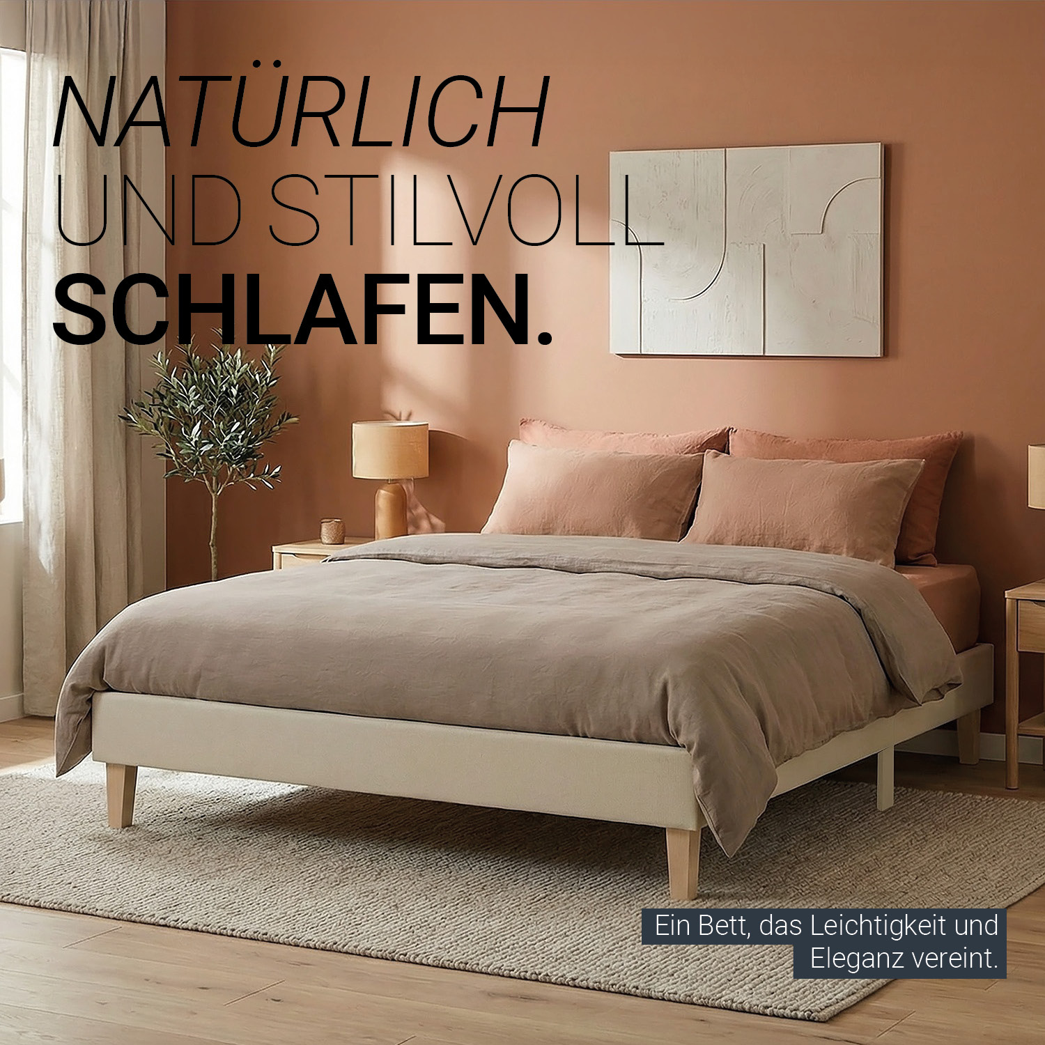 Upholstered bed 140x200 cm beige | futon bed | with slatted frame | double fabric bed frame