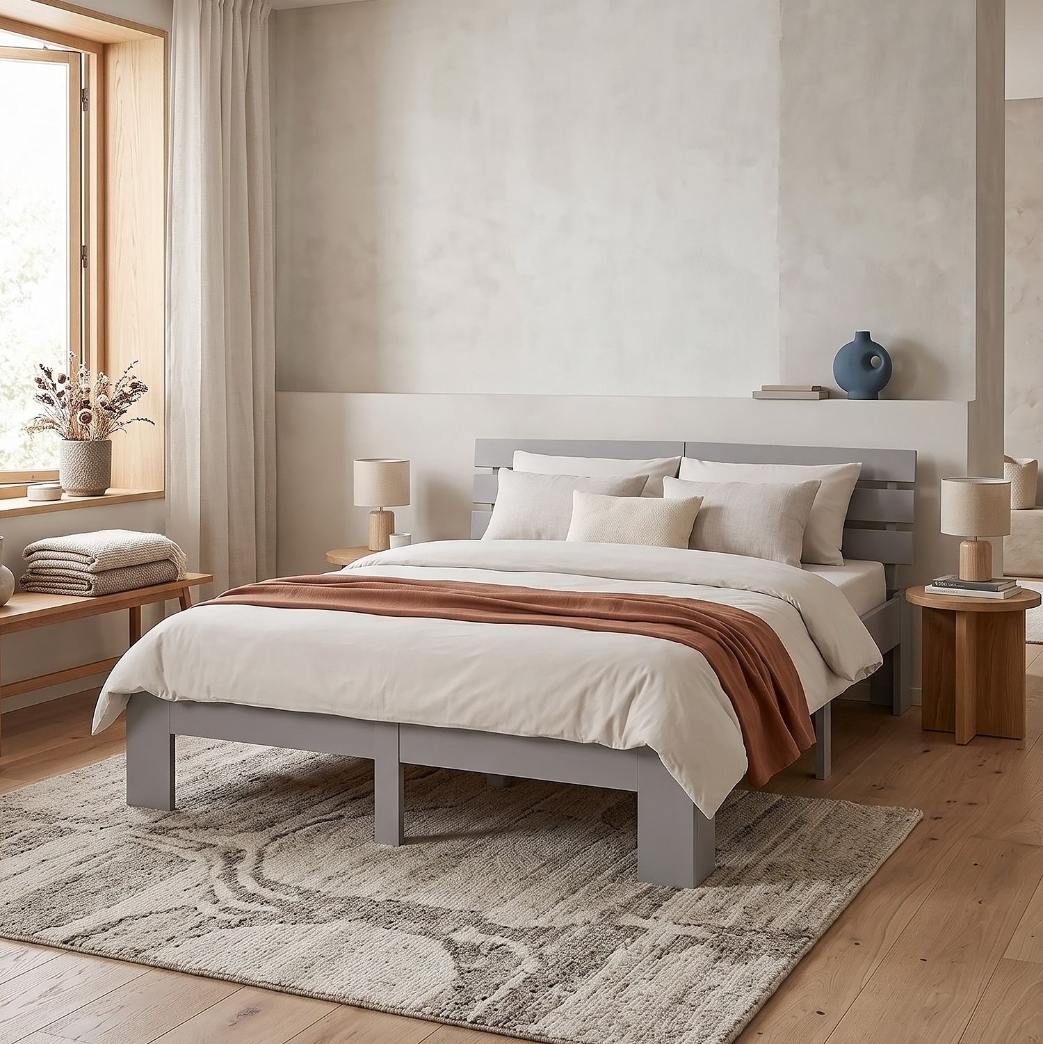 Wood Bed 160x200 cm Grey | Double Bed | with 2 Mattress | Solid | Kids Youth Guest Bedroom