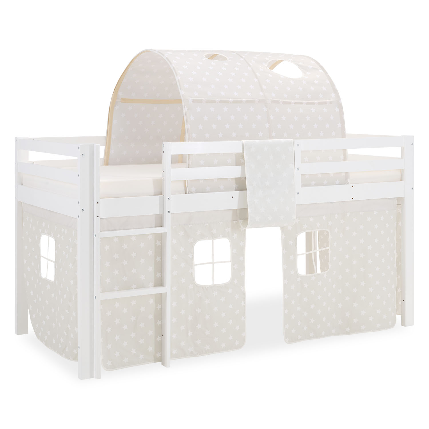 Children's Loft Bed 90x200 cm White with Star Curtain | Tower | with Slatted Base