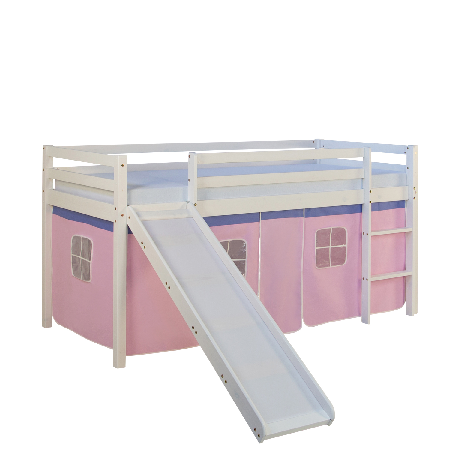 Loftbed Childrenbed Slide Solid Pine Curtain Pink 90x200