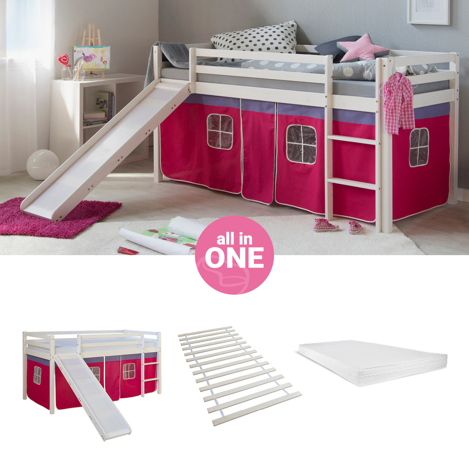 Loftbed 90x200 cm with Slide Mattress Bunk bed Childrens bed Solid Pine Wood Slats Curtain Pink Loftbed 90x200 cm with Slide Mattress Bunk bed Childrens bed Solid Pine Wood Slats Curtain Pink