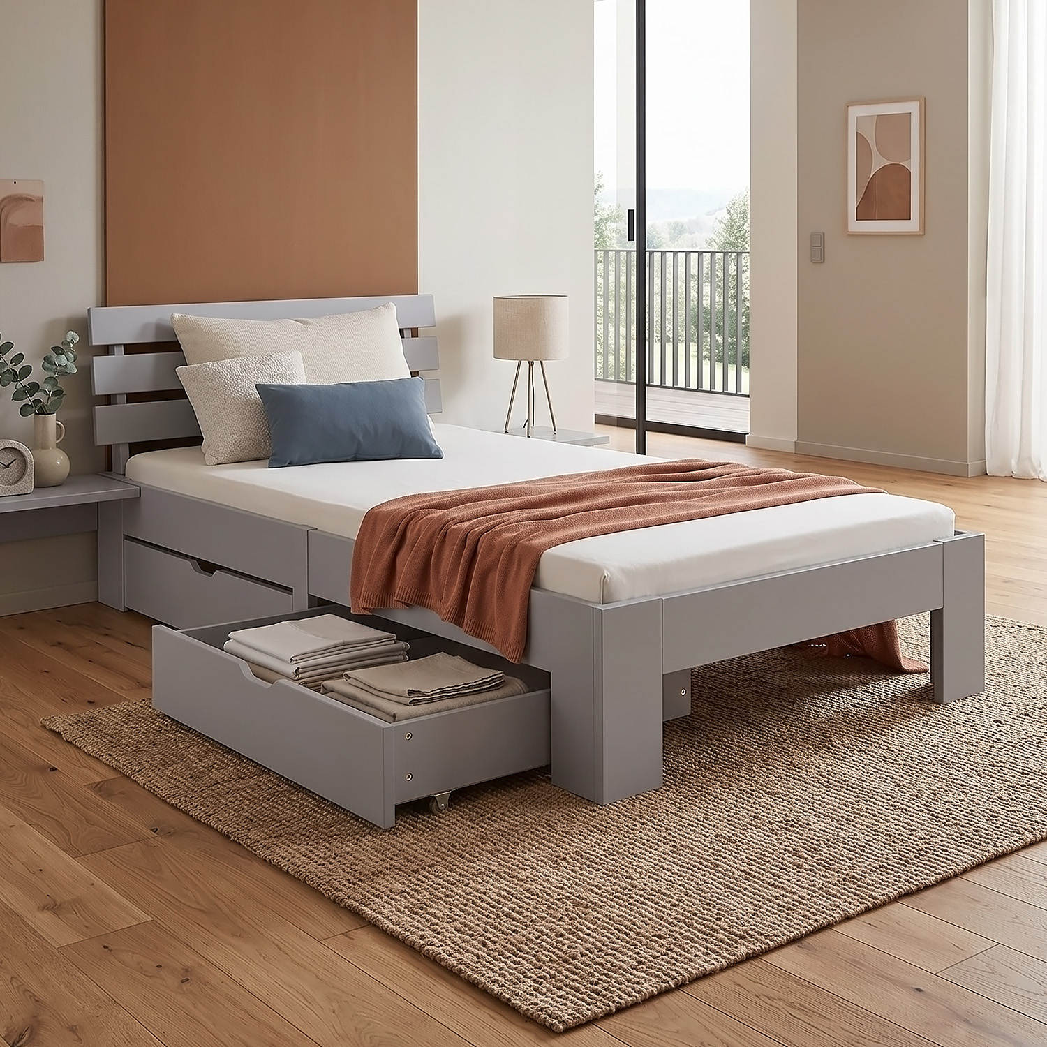 Wooden Bed 90x200 cm Gray | Single Bed with Storage | With Slatted Base | Solid Wood | Children's, Teen, or Guest Bedroom