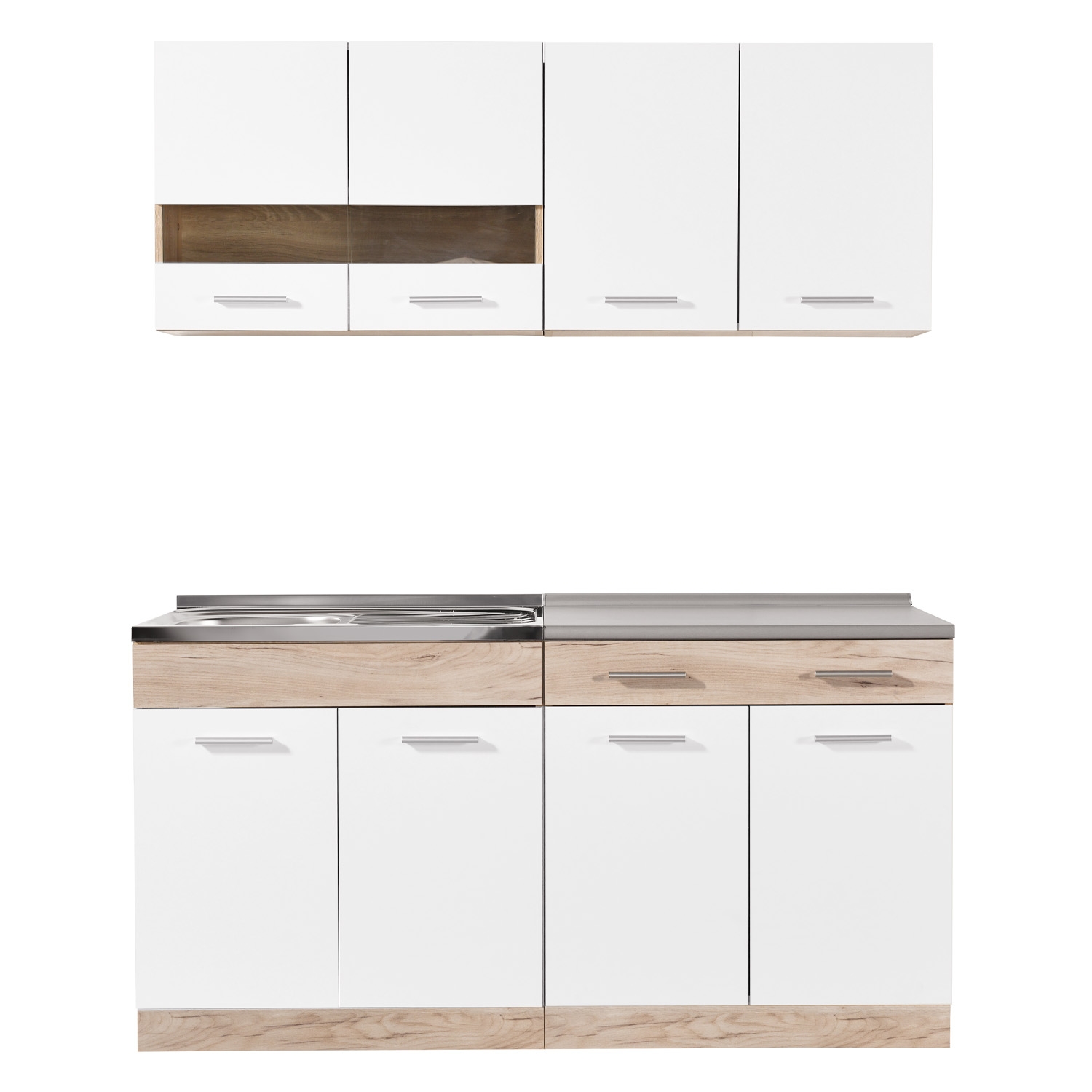 Moderne Küche Weiß Küchenzeile ohne Geräte Einbauküche Singleküche Küchenschränke 160 cm Eiche Grau