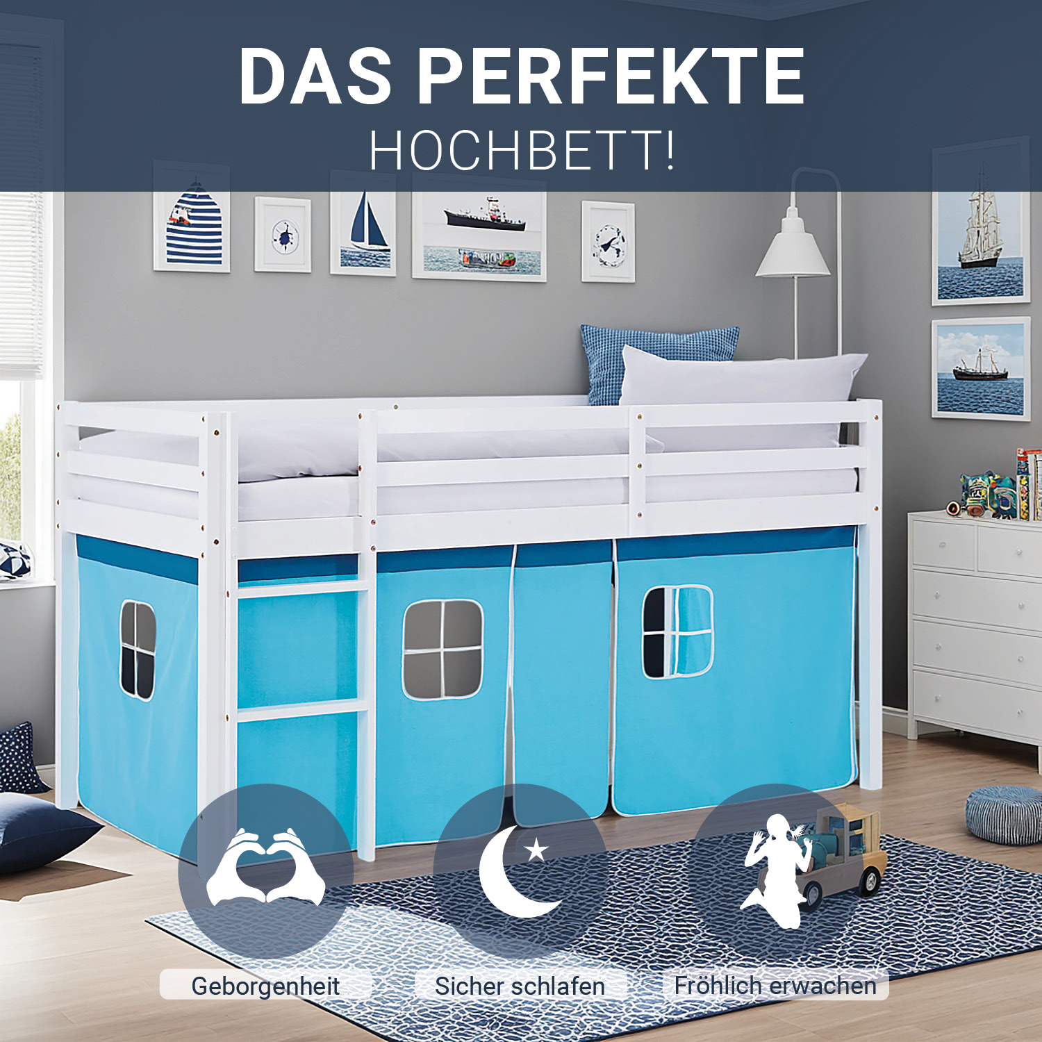 Loft Bed for Kids 90x200 cm White with Curtain in Blue | with Slatted Frame and Mattress