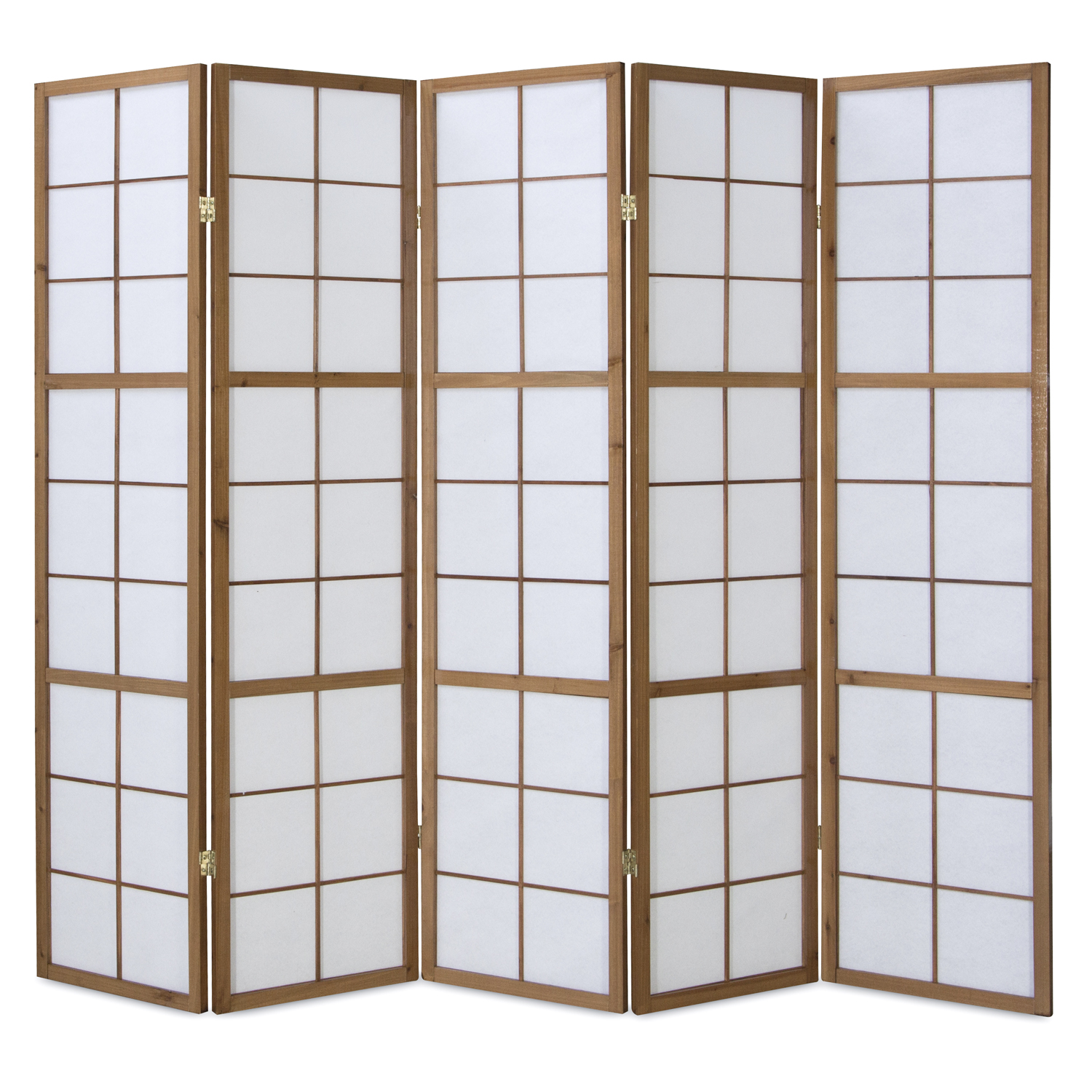 Paravent in Braun mit Holzelementen, 5 beweglichen Elementen und Shoji-Design. Der Raumteiler steht vor einem Fenster mit weißen Vorhängen. Ein blau-graues Sofa mit Kissen und ein heller Teppich sind rechts im eingerichteten Raum zu sehen.