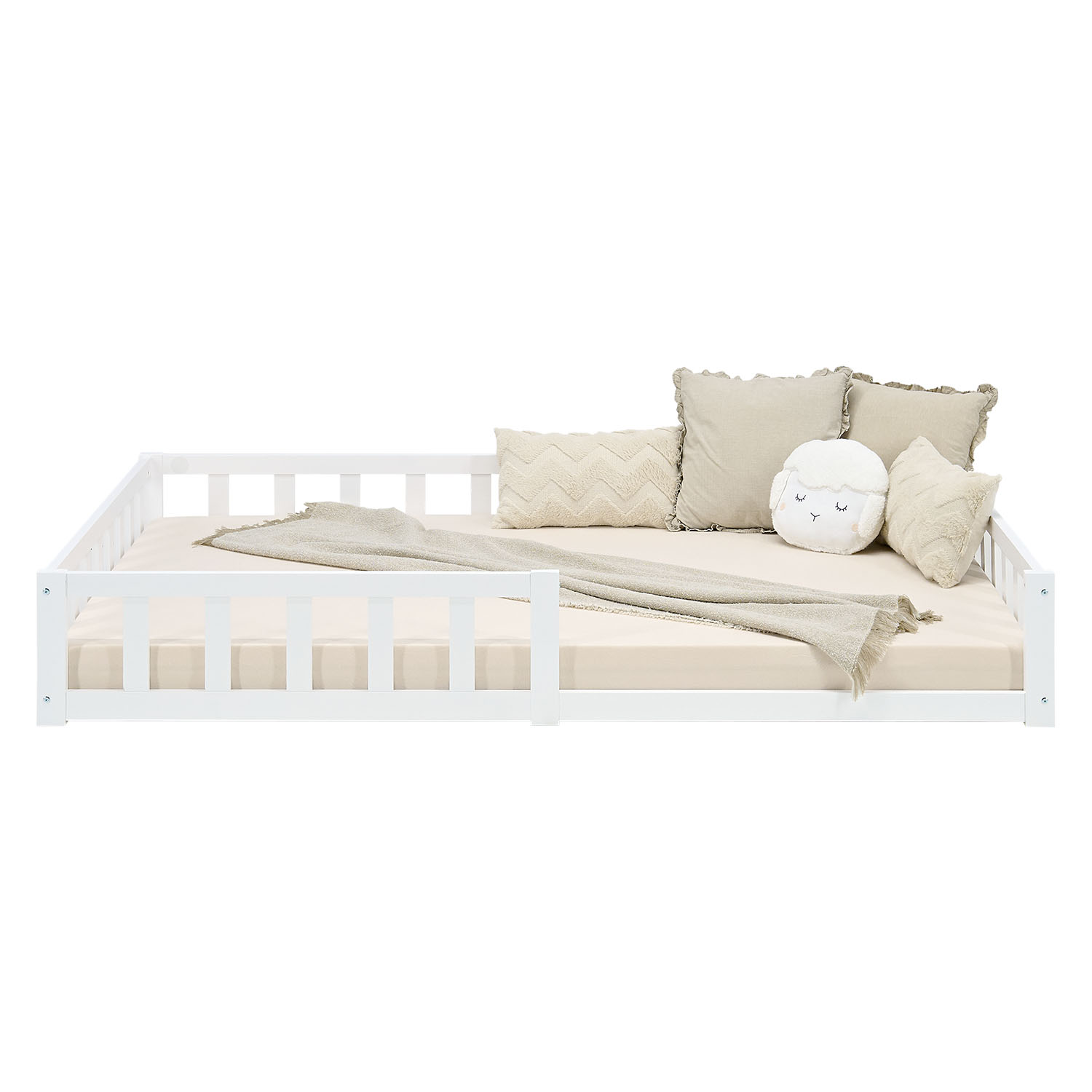 Montessori Crib 120x200 cm White, Includes Mattress & Slatted Base – Floor-Level Crib with Safety Rail Made of Solid Wood