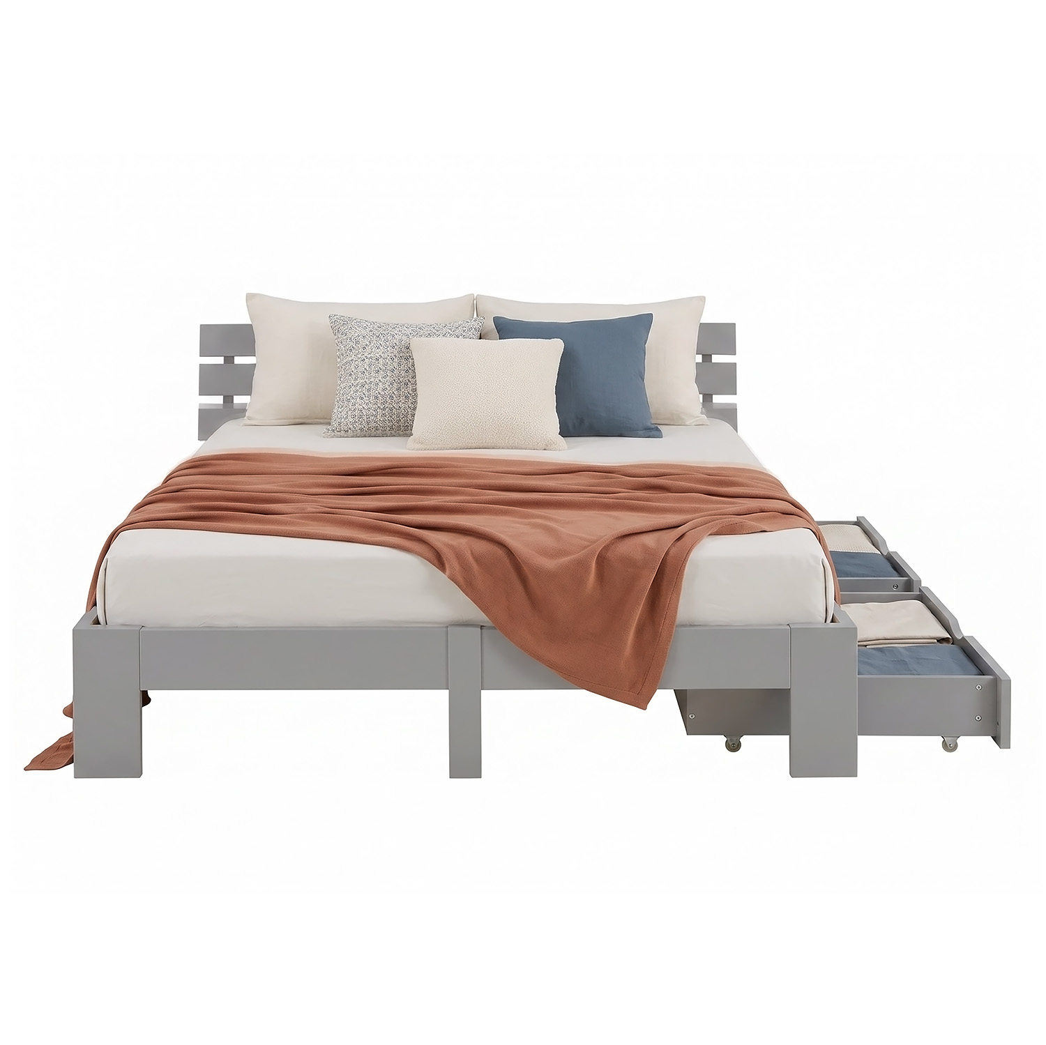 Wooden Bed 140x200 cm, Gray, with Storage Compartment & Slatted Base – Solid Wood Double Bed