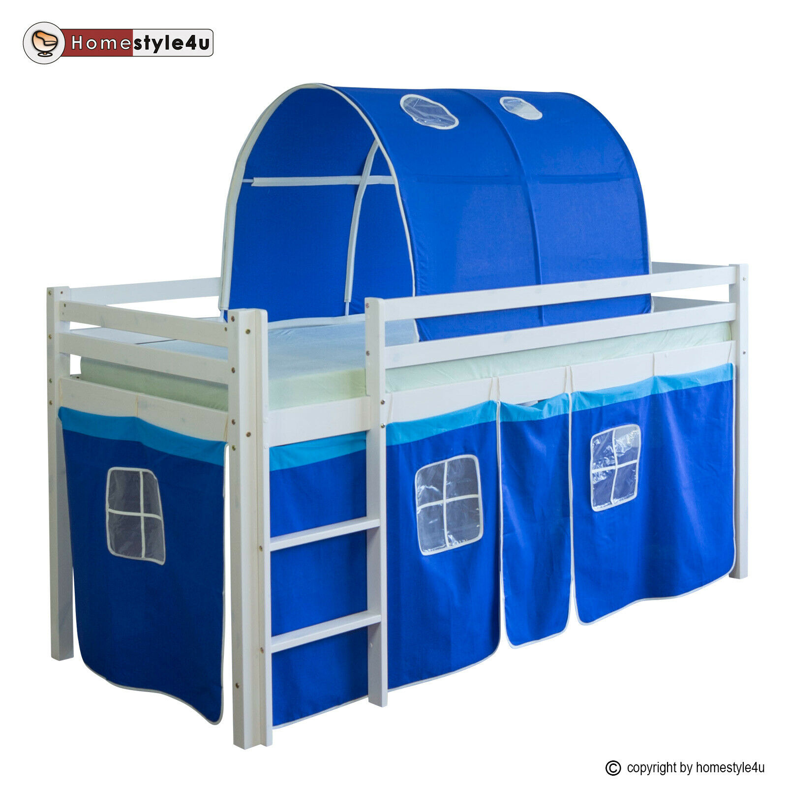 Loft Bed Kids 90x200 cm White with Curtain in Blue | Tunnel | without Slatted Frame