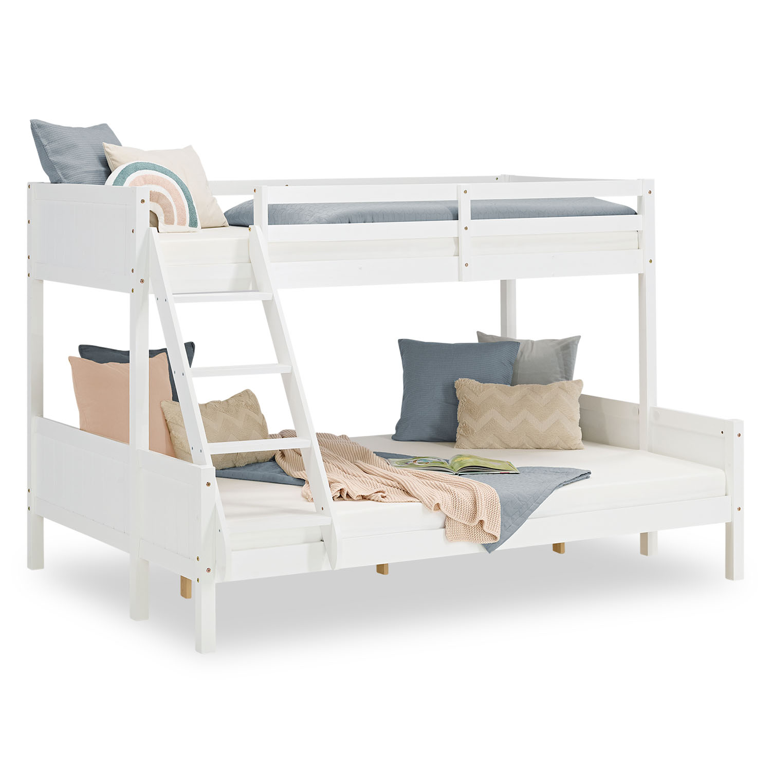 Bunk Bed Kids Bed 90x200 and 140x200 cm White Grey 2 Mattresses Wood Cabin Bed High Sleeper Bed Loft Bed Childrens Bed Twin Bed Drawer