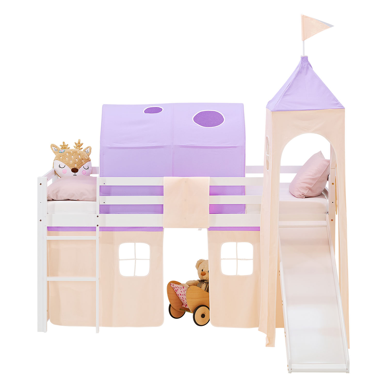 Loft Bed for Kids 90x200 cm White with Curtain in Lilac Beige | Slide | Tower | Tunnel | with Slatted Frame and Mattress