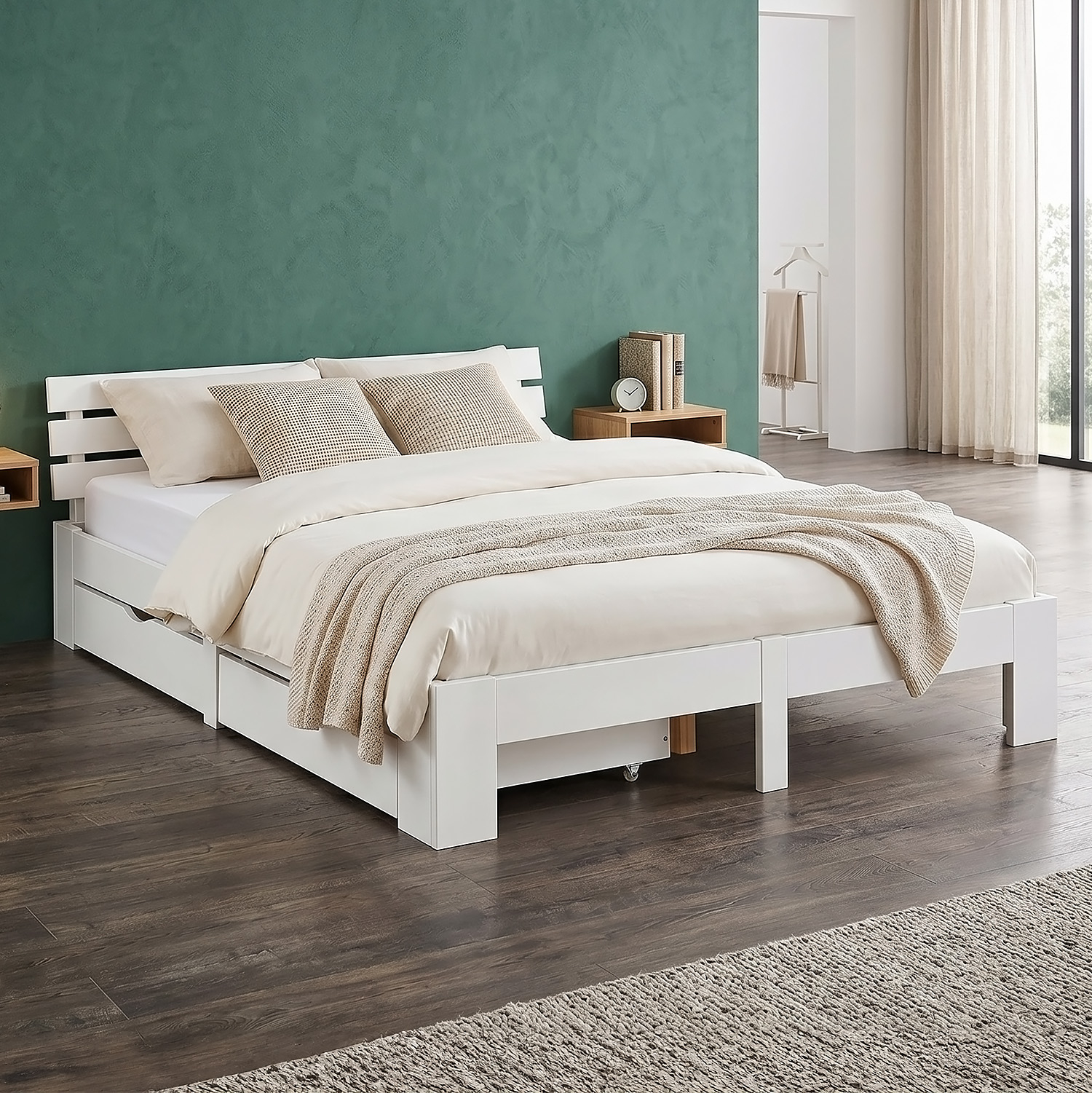 Wood Bed 180x200 cm White | Double Bed with Storage 2 Drawers | with Mattress | Solid | Youth Guest Bedroom