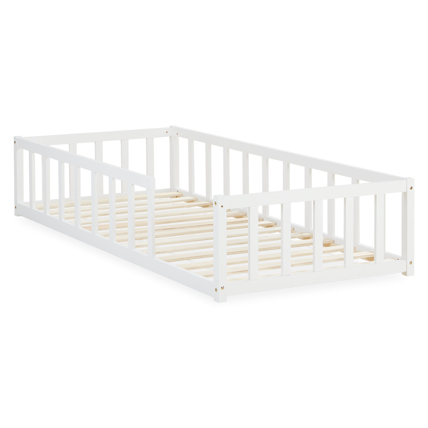 Children's Bed 90x200 cm White | Floor Bed with Slatted Frame | with Fall Protection | Montessori