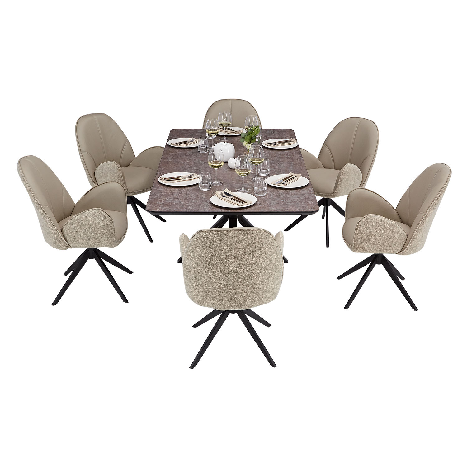 Dining set | 6-piece set upholstered chairs beige bouclé Leder with armrest | swivel | dining table brown metal frame 200 x 100 cm