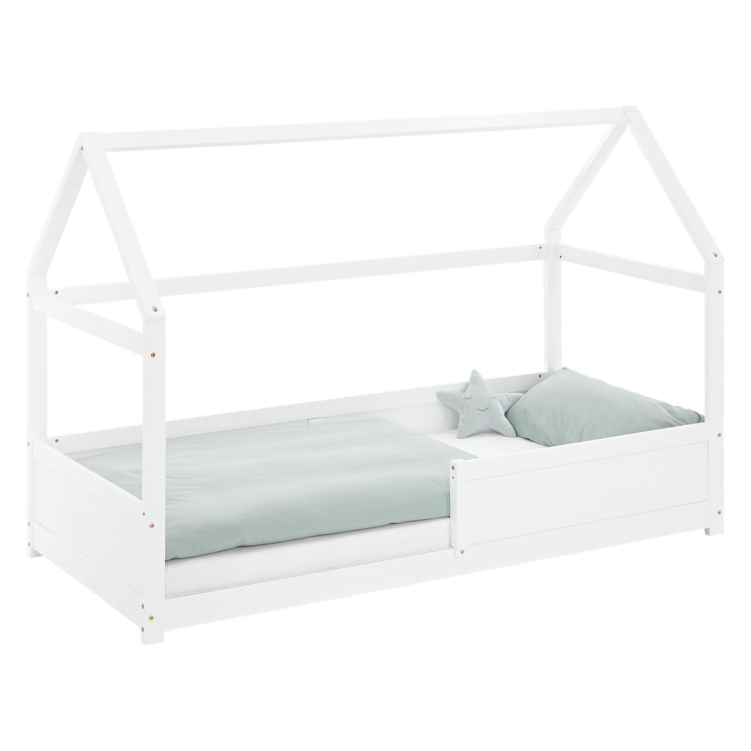 Children's Bed 90x200 cm White with Mattress | House Bed with Fall Protection | Montessori | Single Bed | with Slatted Frame | Wood