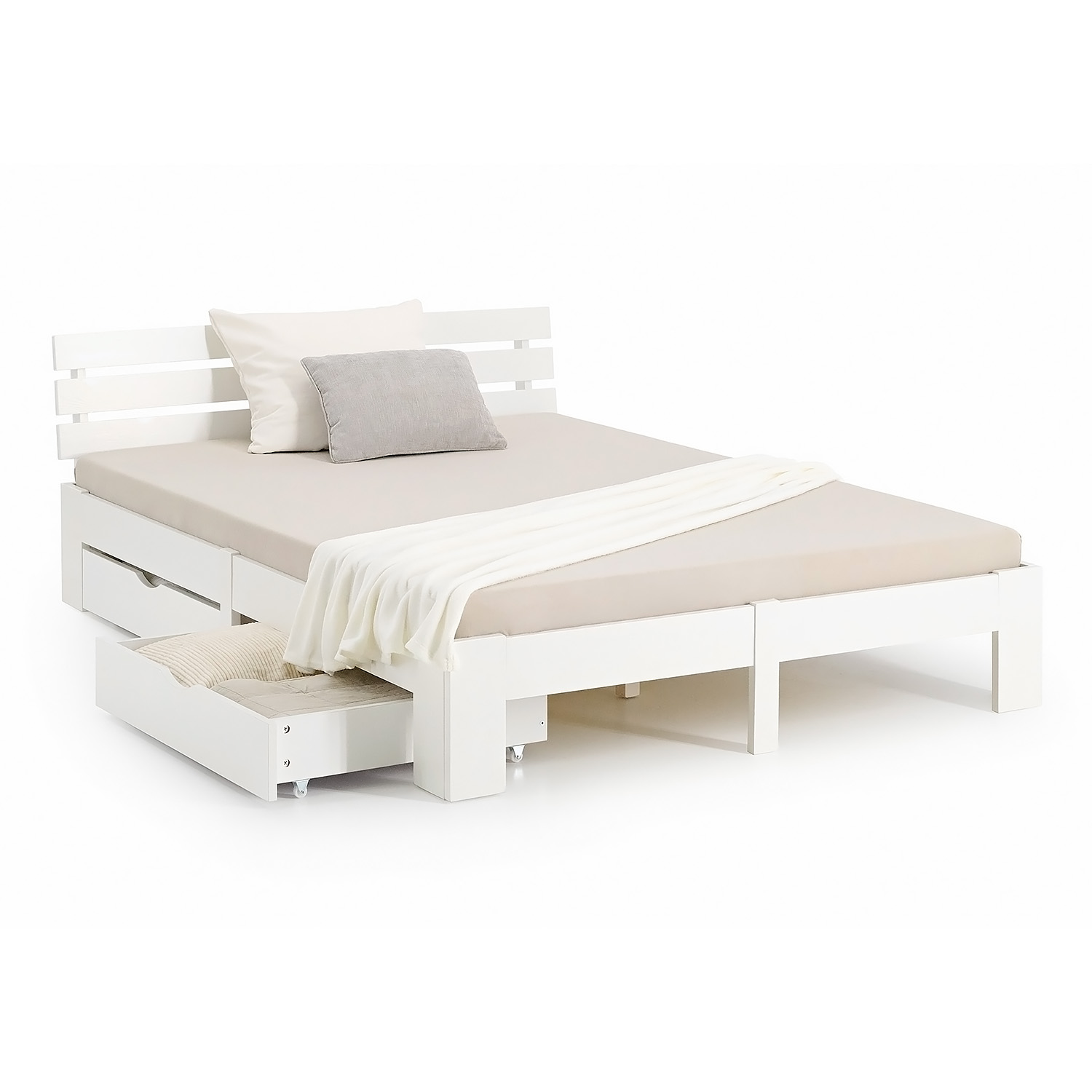 Wood Bed 140x200 cm White | Double Bed with Storage 2 Drawers | with Mattress | Solid | Kids Youth Guest Bedroom