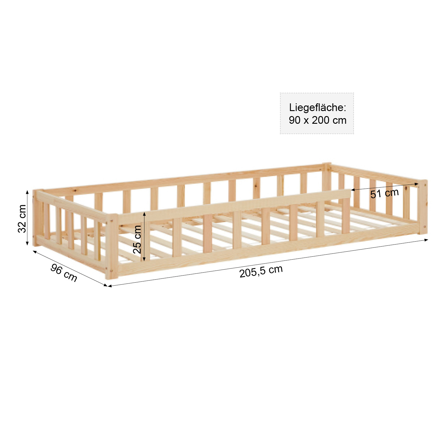 Children's Bed 90x200 Natural | Floor Bed with Slatted Frame | with Fall Protection | Montessori