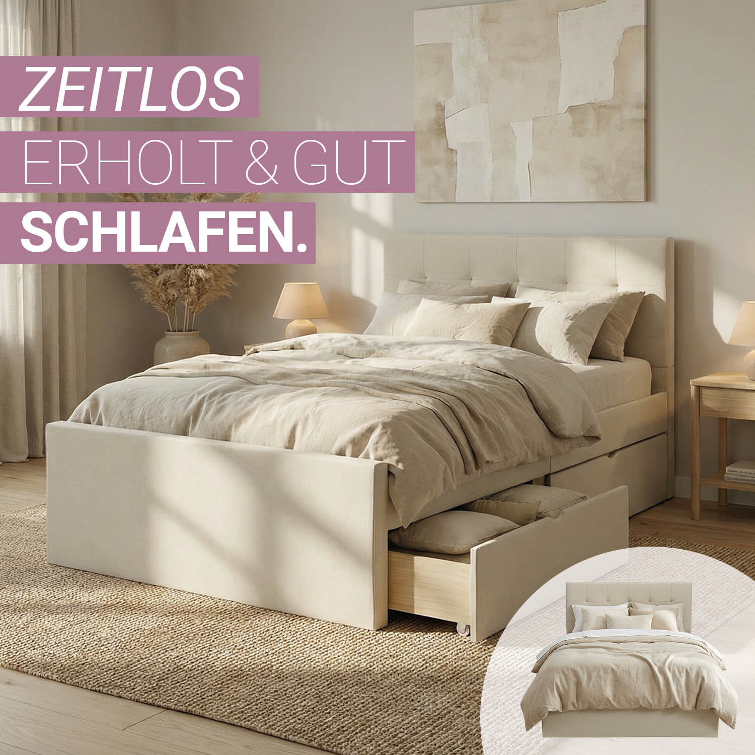 Upholstered bed 120x200 cm beige | with slatted frame | with 2 bed drawers | double fabric bed frame