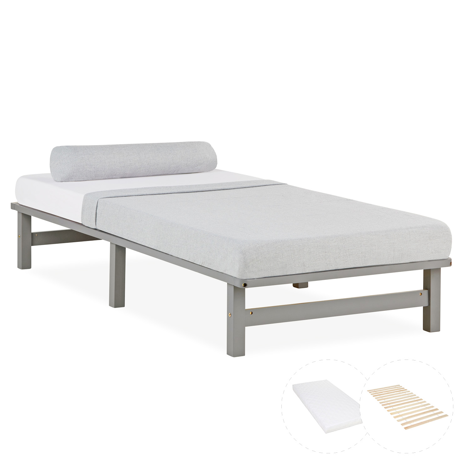 Einzelbett in Grau mit Holzelementen und Matratze. Das niedrige Bett ist mit einer Matratze und einer länglichen Polsterrolle vor weißem Hintergrund abgebildet. Die offenen Rahmenseiten und die Beine sind sichtbar.