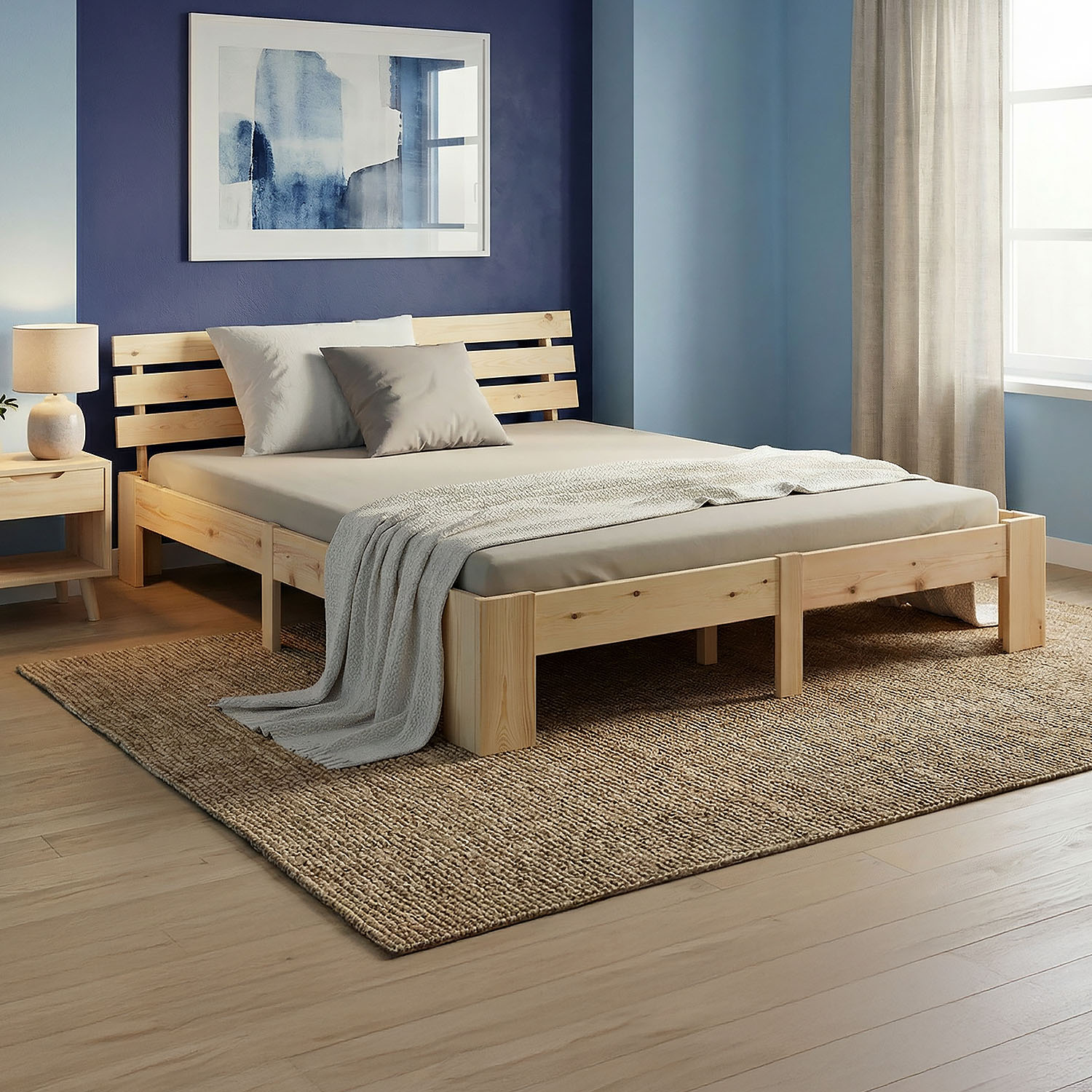 Wood Bed 140x200 cm Natural | Double Bed | with Spring Mattress | Solid | Youth Guest Bedroom