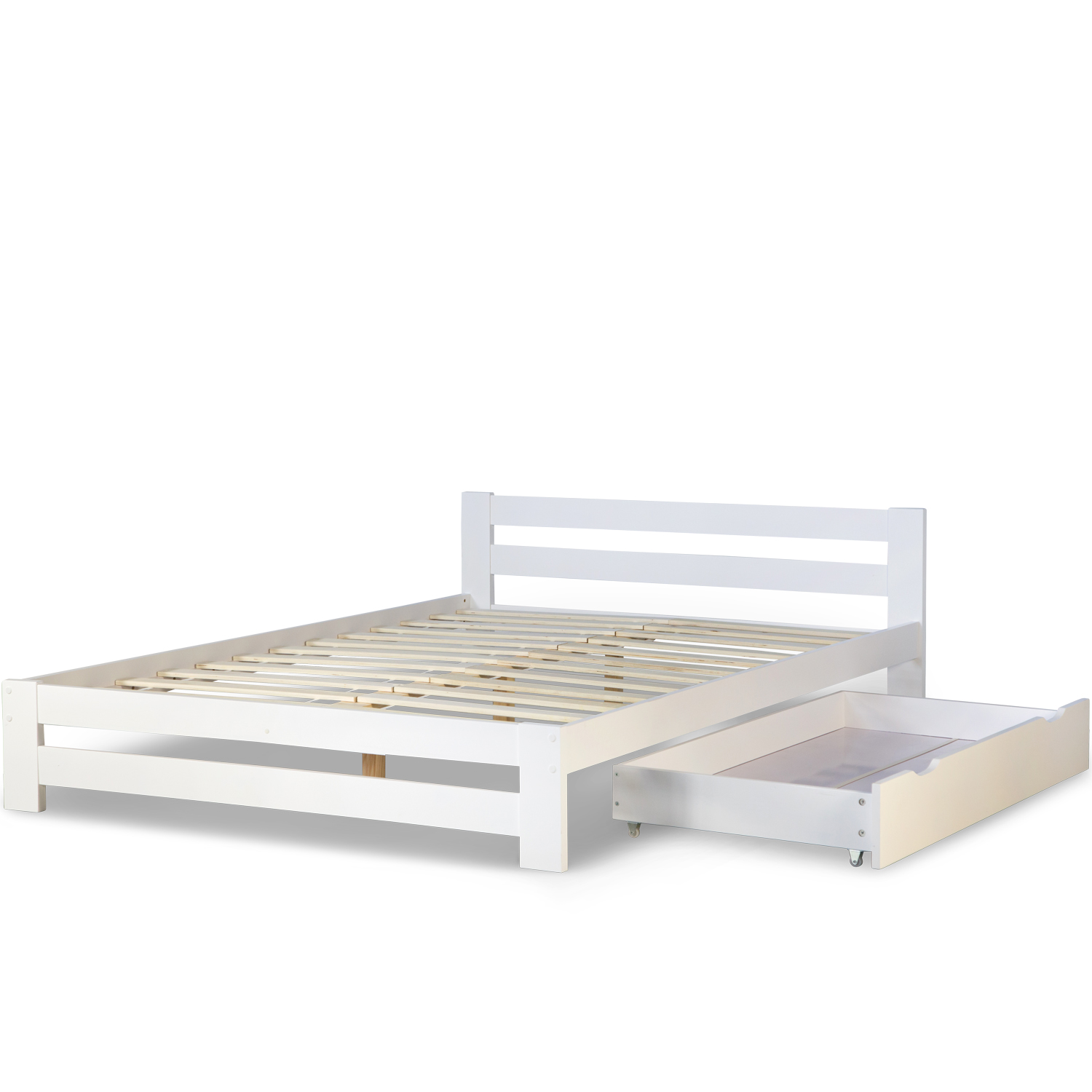 Wood Bed 140x200 cm White | Double Bed with Bed Drawer | with Slatted Frame | Solid | Kids Youth Guest Bedroom