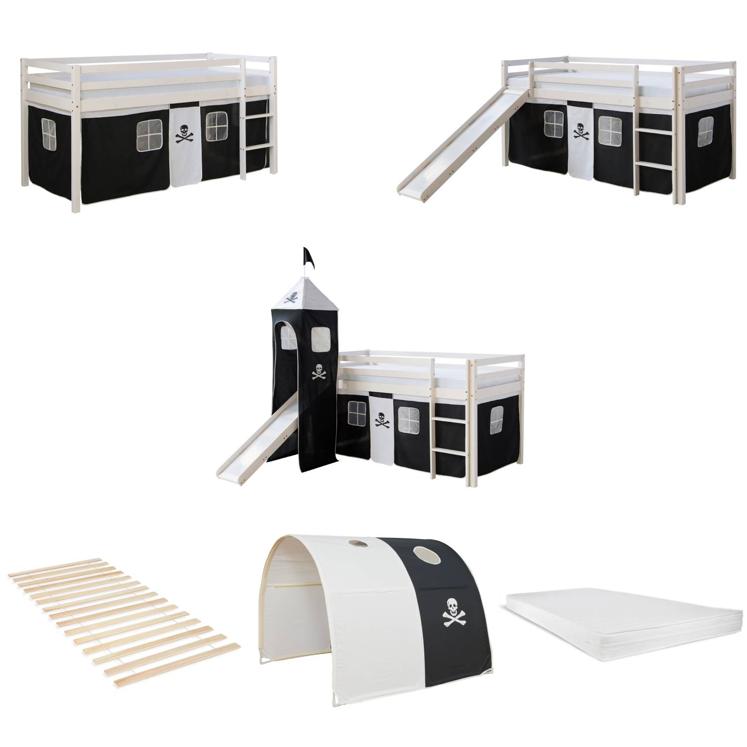 Loftbed 90x200 cm Bunk bed Childrens bed Solid Pine Wood Tower Tunnel Curtain Black Pirate Slide Mattress Slats