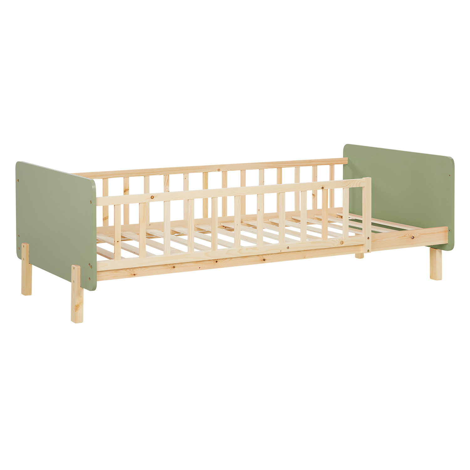 Children's Bed 90x200 cm Green Natural | Retro Bed with Fall Protection | Single Bed | with Slatted Frame | Wood