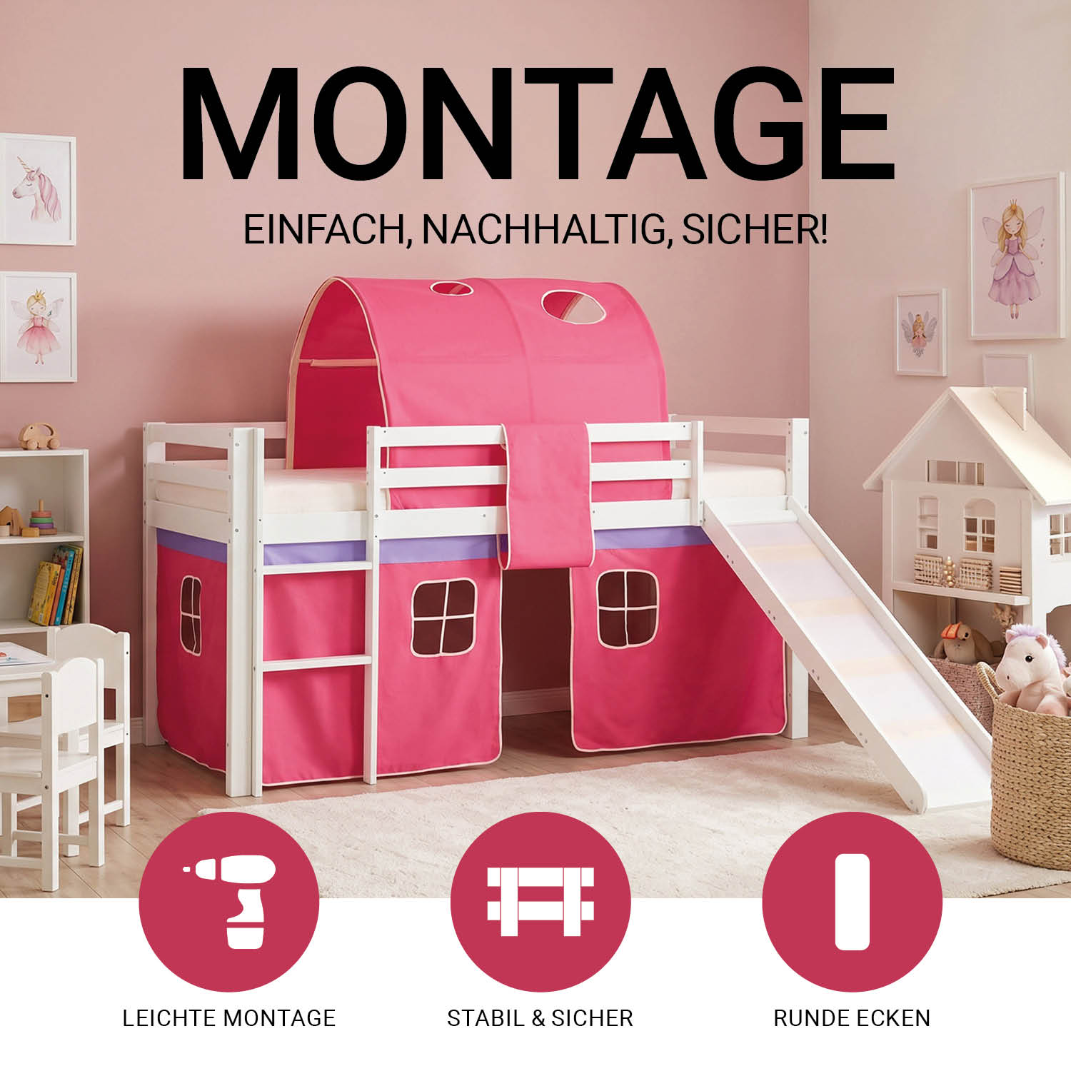Children's Loft Bed 90x200 cm, White with Pink Curtain | Tunnel | Slide | Includes Slatted Base