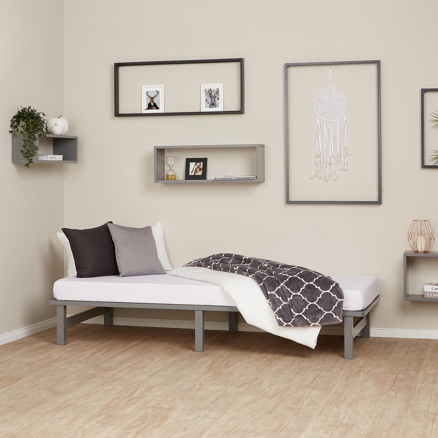 90x200 cm Gray Pallet Bed – Single Wooden Bed with Mattress & Slatted Base for Teen Rooms, Guest Rooms, and Bedrooms