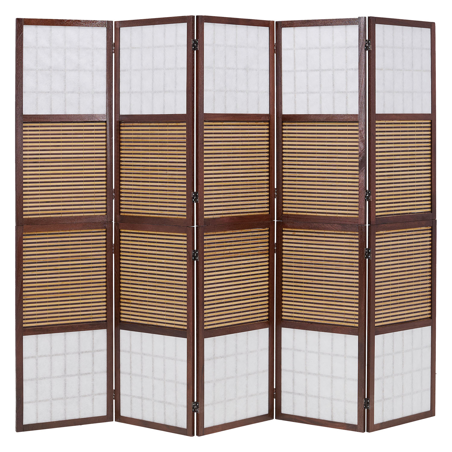 Brown 5-panel folding screen – room divider with bamboo and shoji rice paper