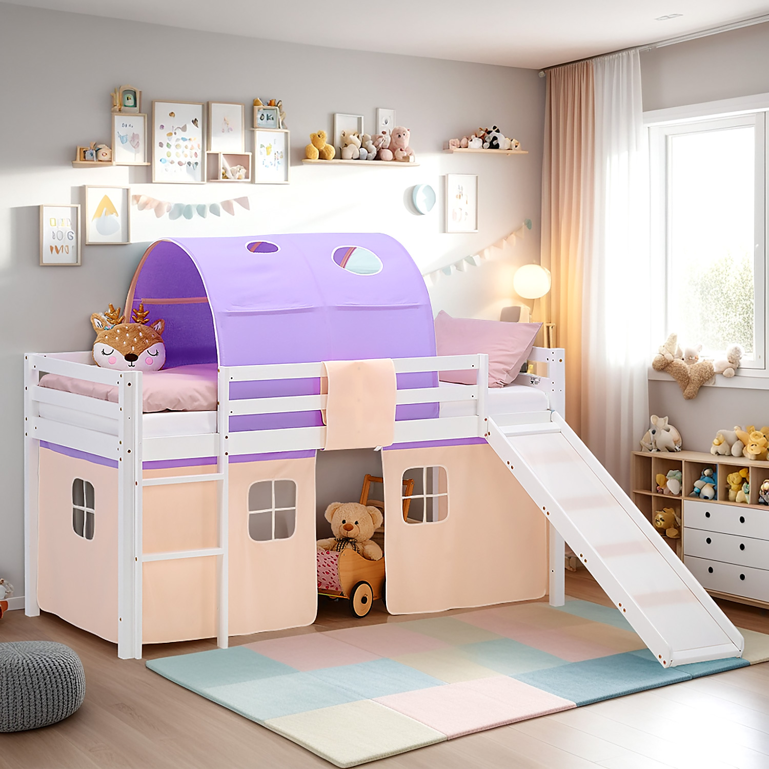 Loft Bed for Kids 90x200 cm White with Curtain & Tunnel in Lilac Beige | Slide | with Slatted Frame and mattress