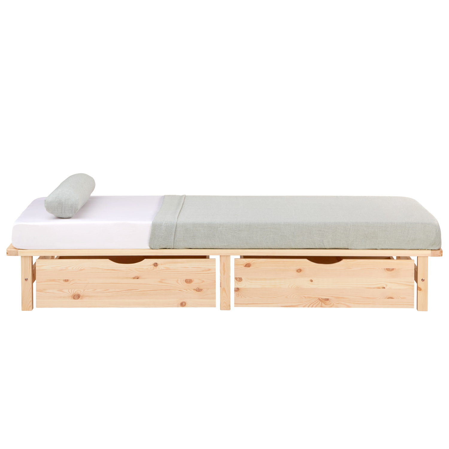 90x200 cm Natural Pallet Bed with Drawers & Slatted Base – Solid Wood Single Bed with Storage
