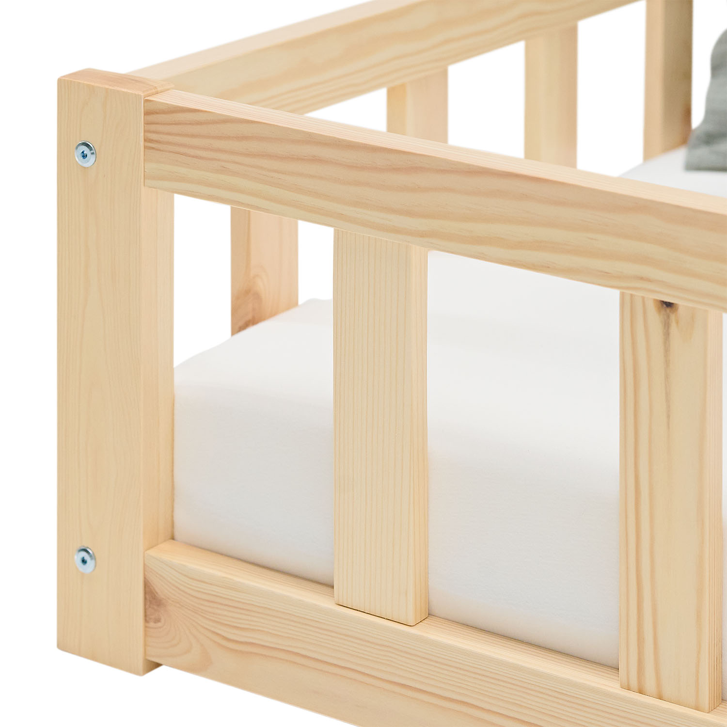 Children's Bed 90x200 Natural | Floor Bed with Mattress & Slatted Frame | with Fall Protection | Montessori