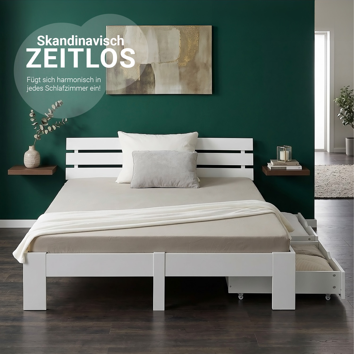 Wood Bed 140x200 cm White | Double Bed with Storage 2 Drawers | with Mattress | Solid | Kids Youth Guest Bedroom