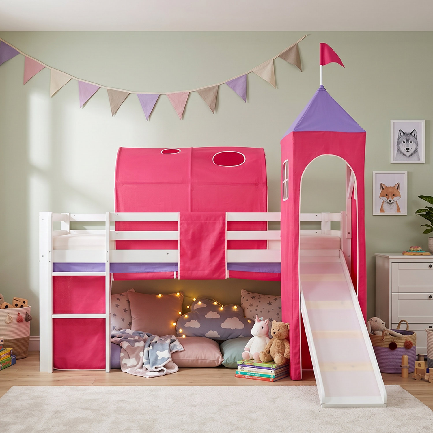 Children's Loft Bed 90x200 cm, White, with Slide, Tower, Tunnel, and Curtain in Pink