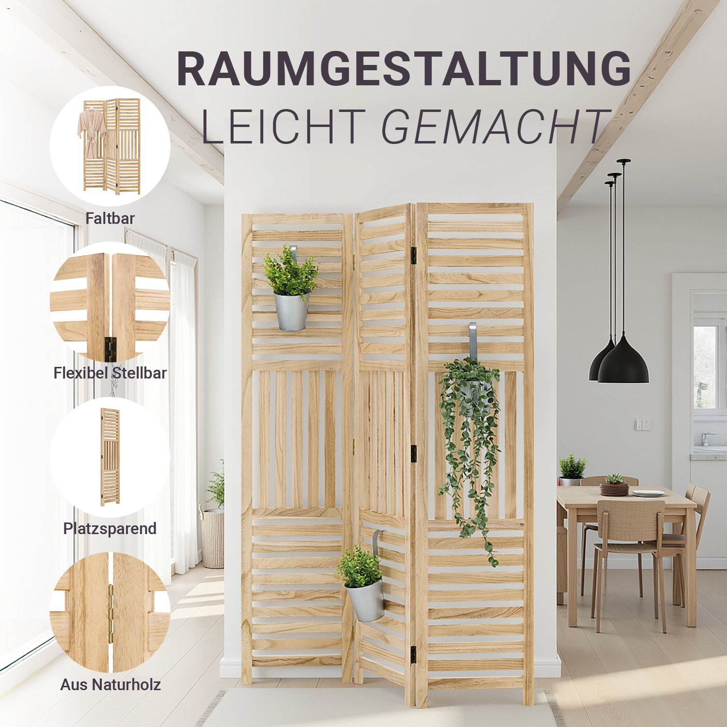 Paravent Natural Wooden Slats | 3-panel | Wood | Room Divider Partition Privacy Screen
