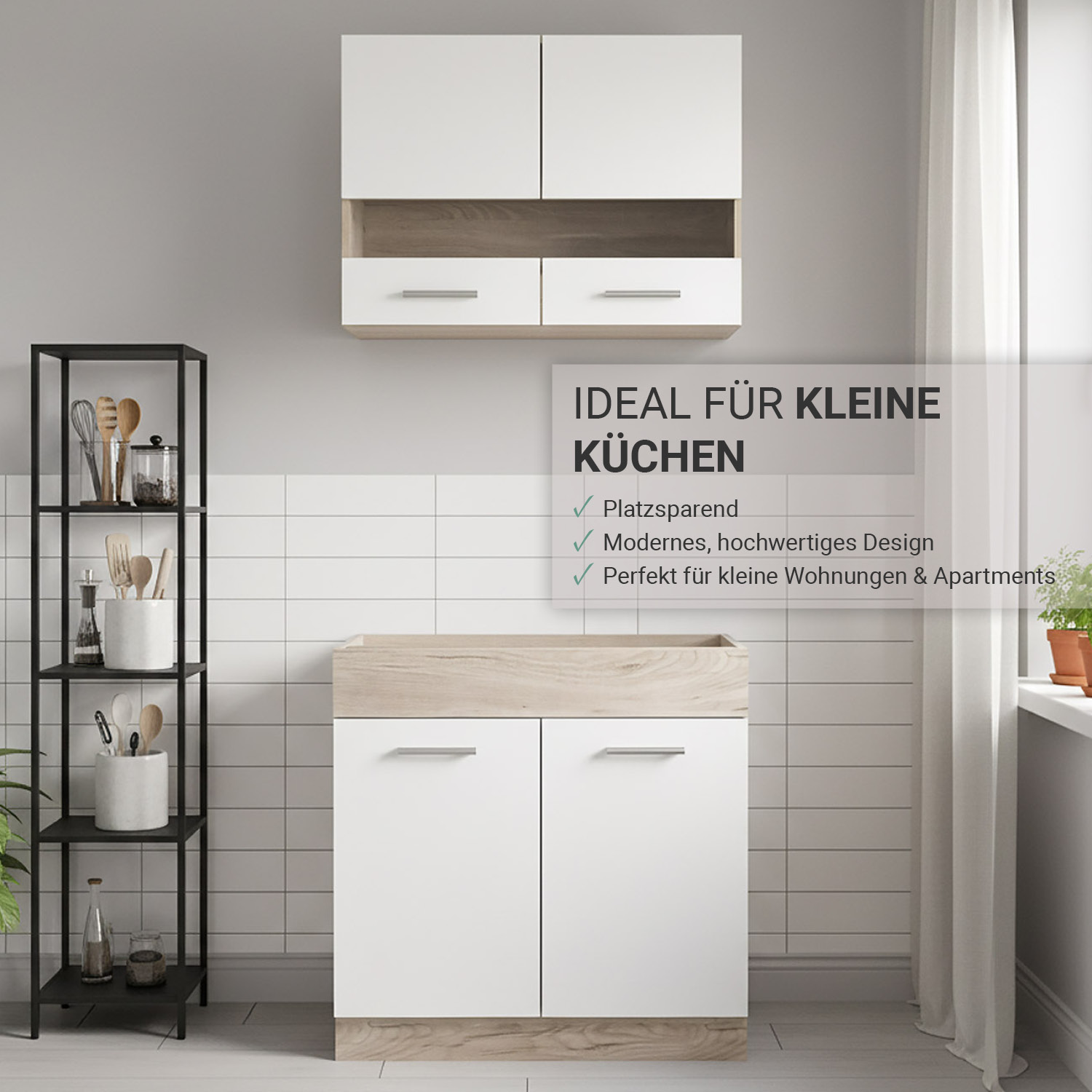 80 cm Kitchen Unit White & Oak – Mini Kitchen with Cabinet Elements, Without Sink and Appliances