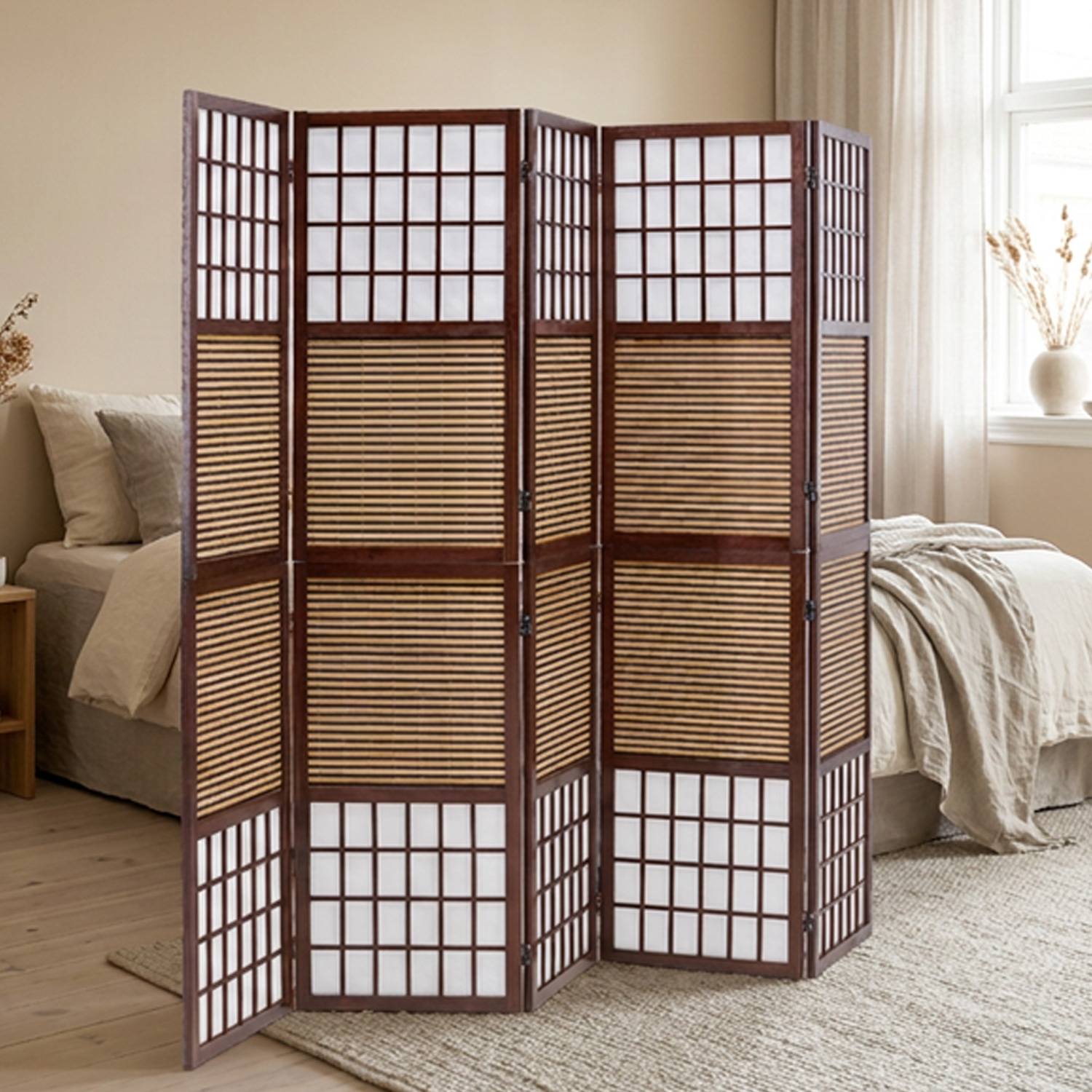 Brown 5-panel folding screen – room divider with bamboo and shoji rice paper