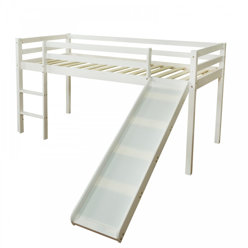 Loft Bed Kids 90x200 cm White with Curtain Purple Castle | Tower | Slide | without Slatted Frame