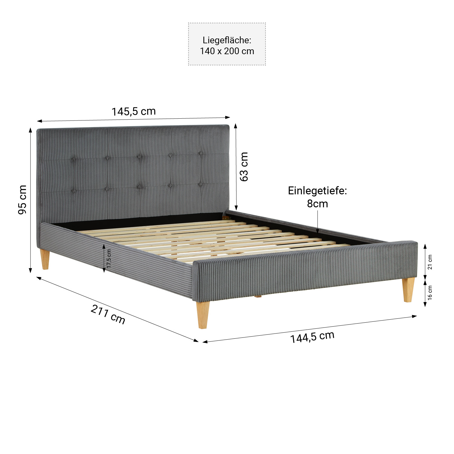 Upholstered bed 140x200 cm grey Cord | with slatted frame | with mattress | double fabric bed frame