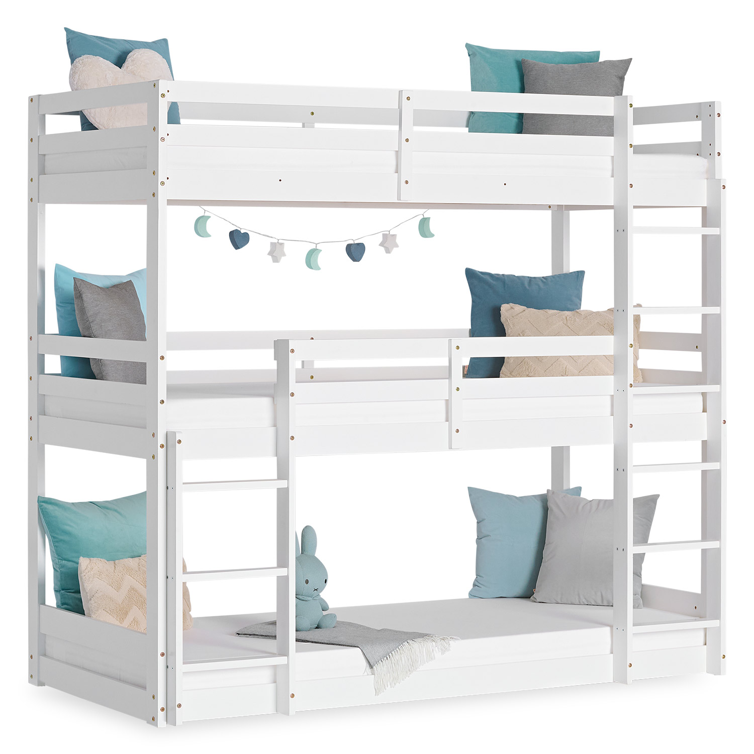 Bunk Bed 3 Levels 90x200 cm White | Ladders White | with Slatted Frame