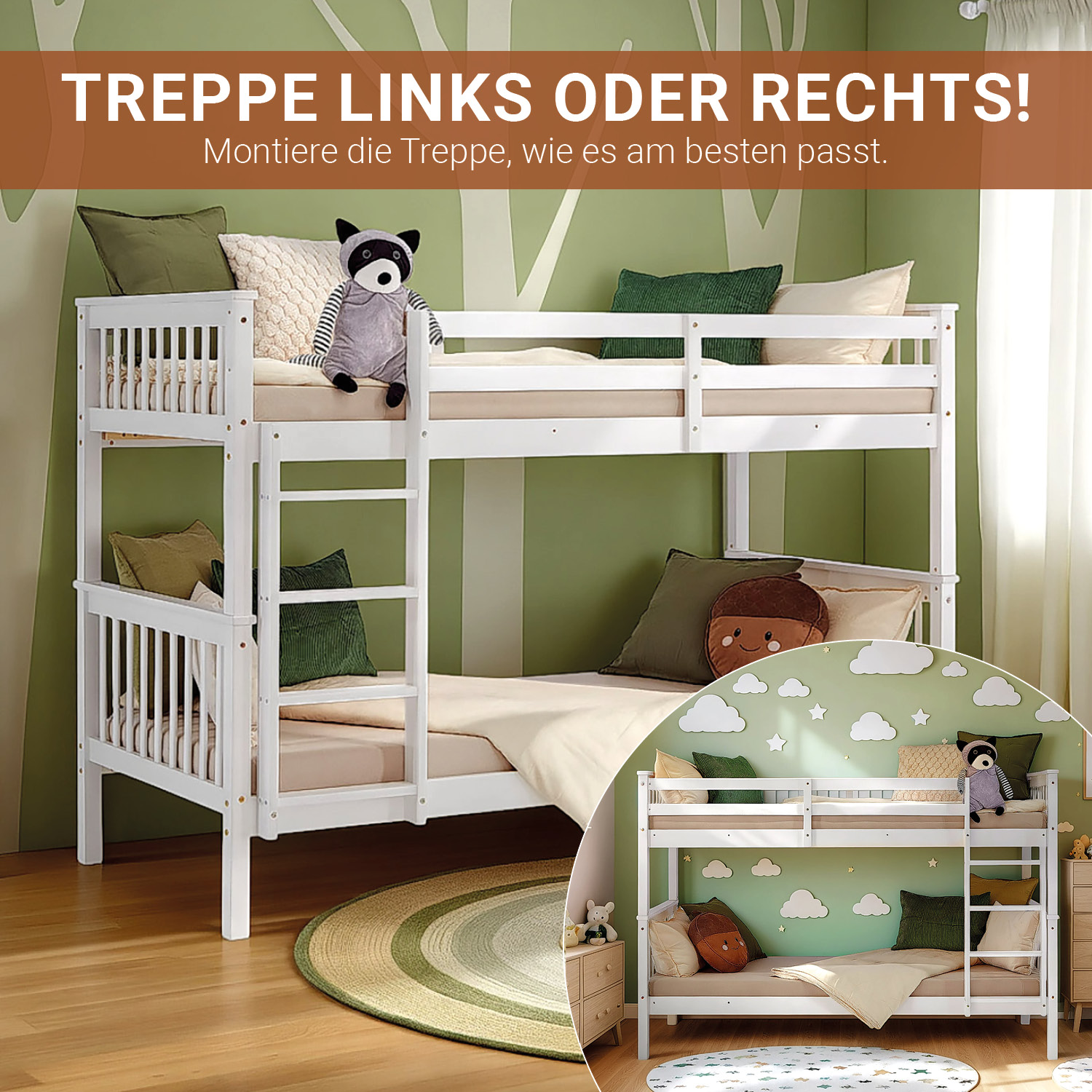Bunk Bed 90x200 cm White | Kids Bed with Mattress | Fall Protection | Convertible | Massif pine wood