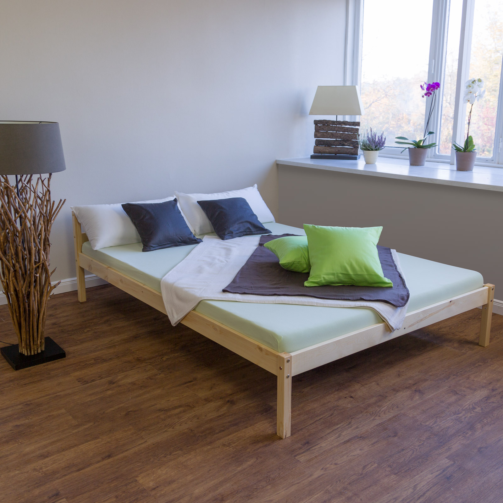 Wood Bed 140x200 cm Natural | Double Bed | with Slatted Frame | Kids Youth Guest Bedroom