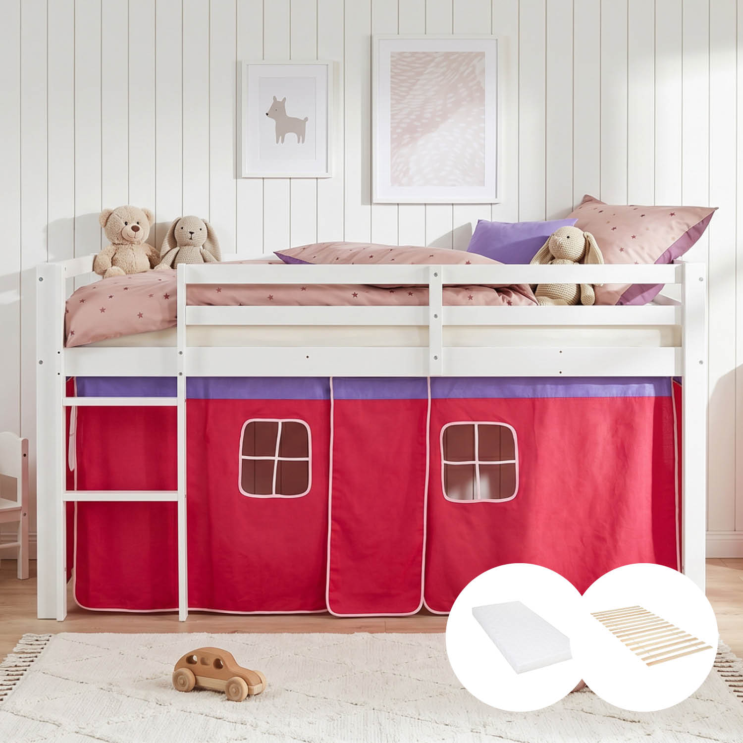 Loftbed 90x200 cm with Mattress Bunk bed Childrens bed Solid Pine Wood Slats Curtain Pink
