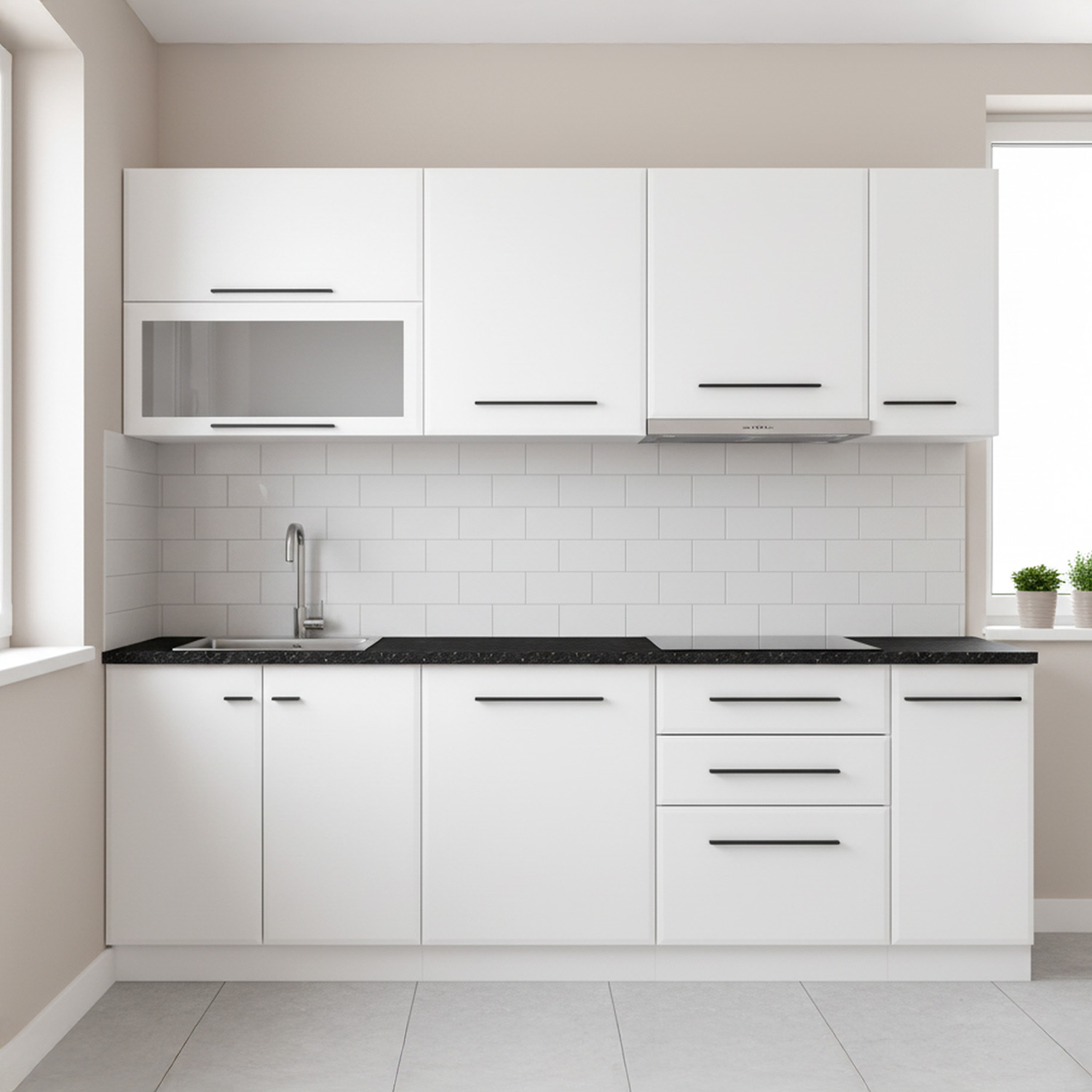 200 cm White Kitchen Unit – Modern Kitchen Unit Without Appliances, Featuring Storage Space