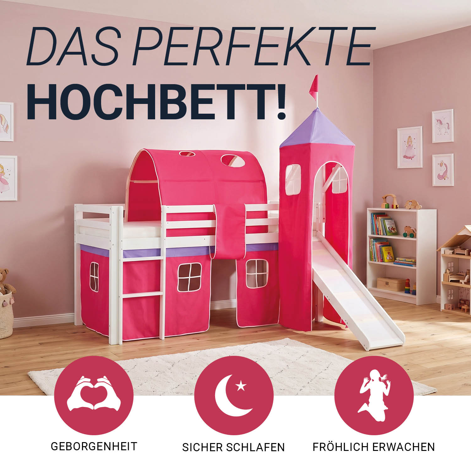 Children's Loft Bed 90x200 cm White with Pink Curtain | Tunnel | Tower | Slide | With Slatted Base | With Mattress