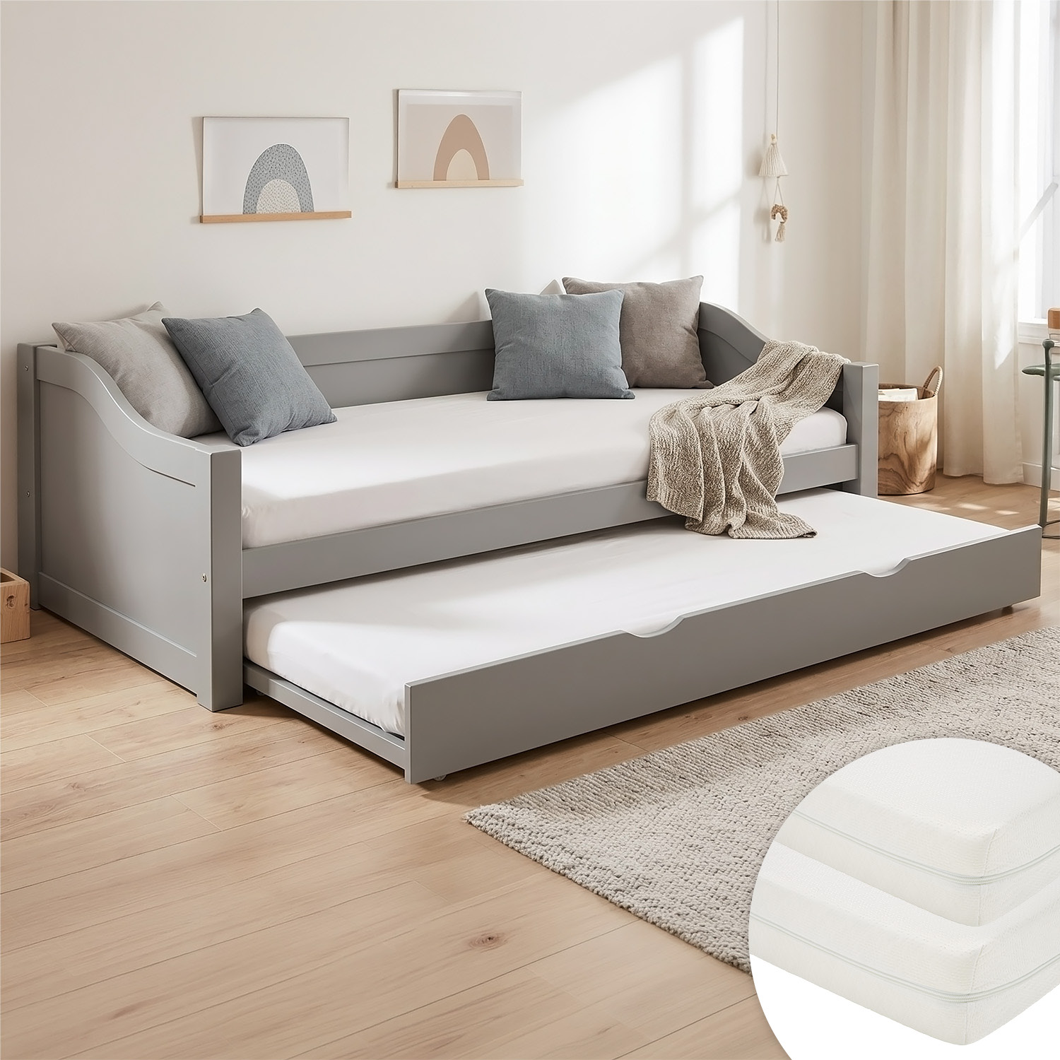 Wood Bed 90x200 cm Grey | Extendable | Cabin Bed | with Mattress | Kids Youth Guest Bedroom